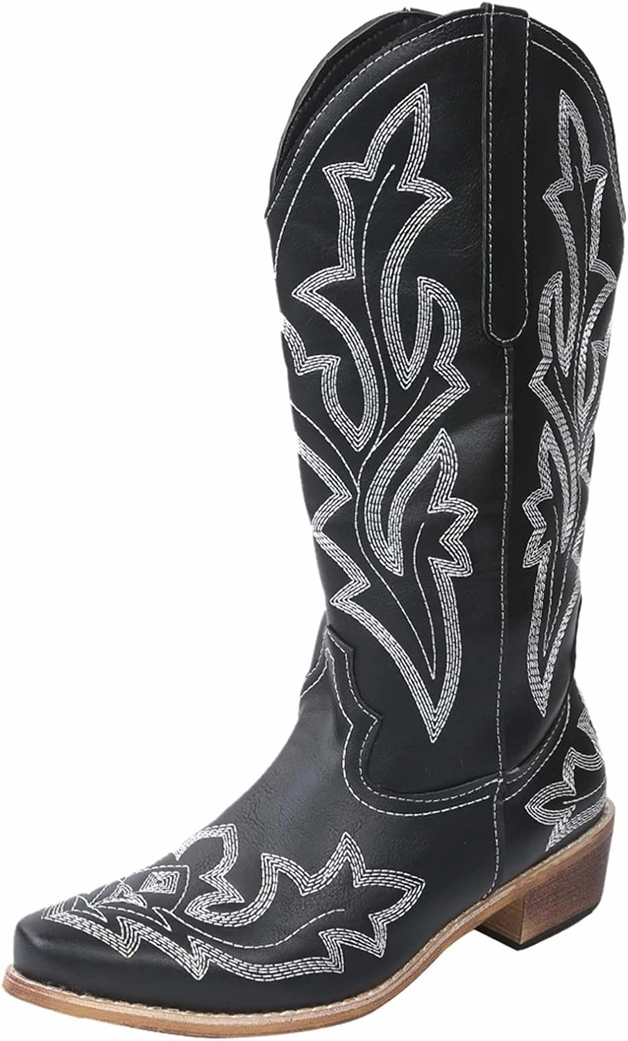 Cowboy Boots for Women Wide Calf Winter Boots for Women Vintage Embroidered Print Pointed Toe Leather Mid Boots Steel Toe Square Toe Boots