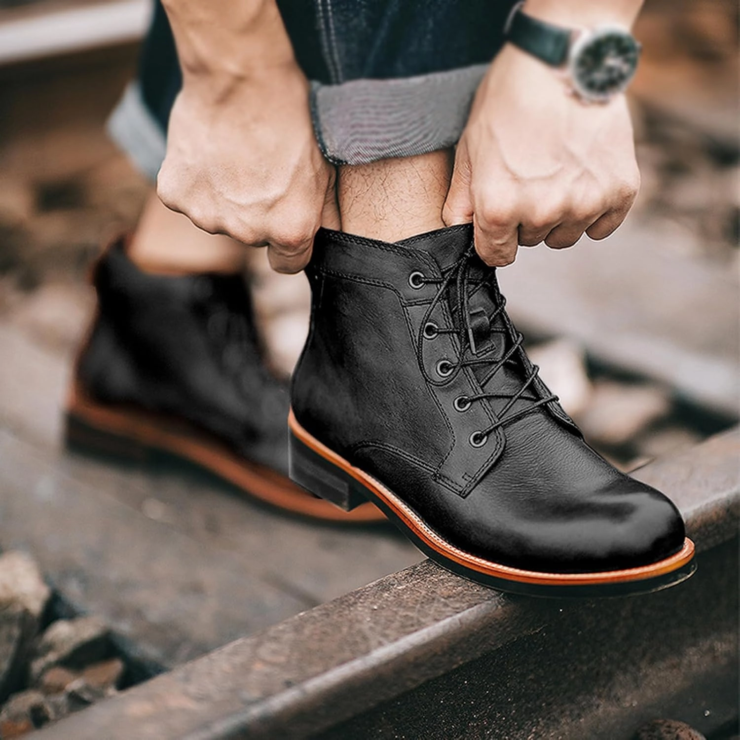 Mens Dress Boots Classic Leather Boots for Men Chukka Boots Mens Mid Top Breathable Ankle Boots Ski Boots And Bindings