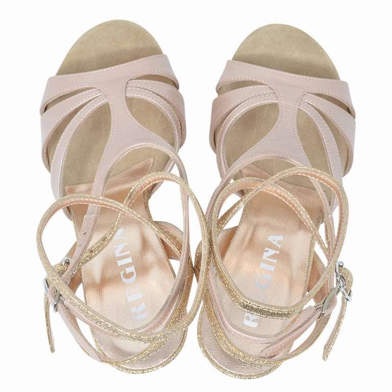 Recoleta Twins - Sahara Nude & Gold Straps Tango Shoes Leather Sole Ice Cream High Heel Shoes