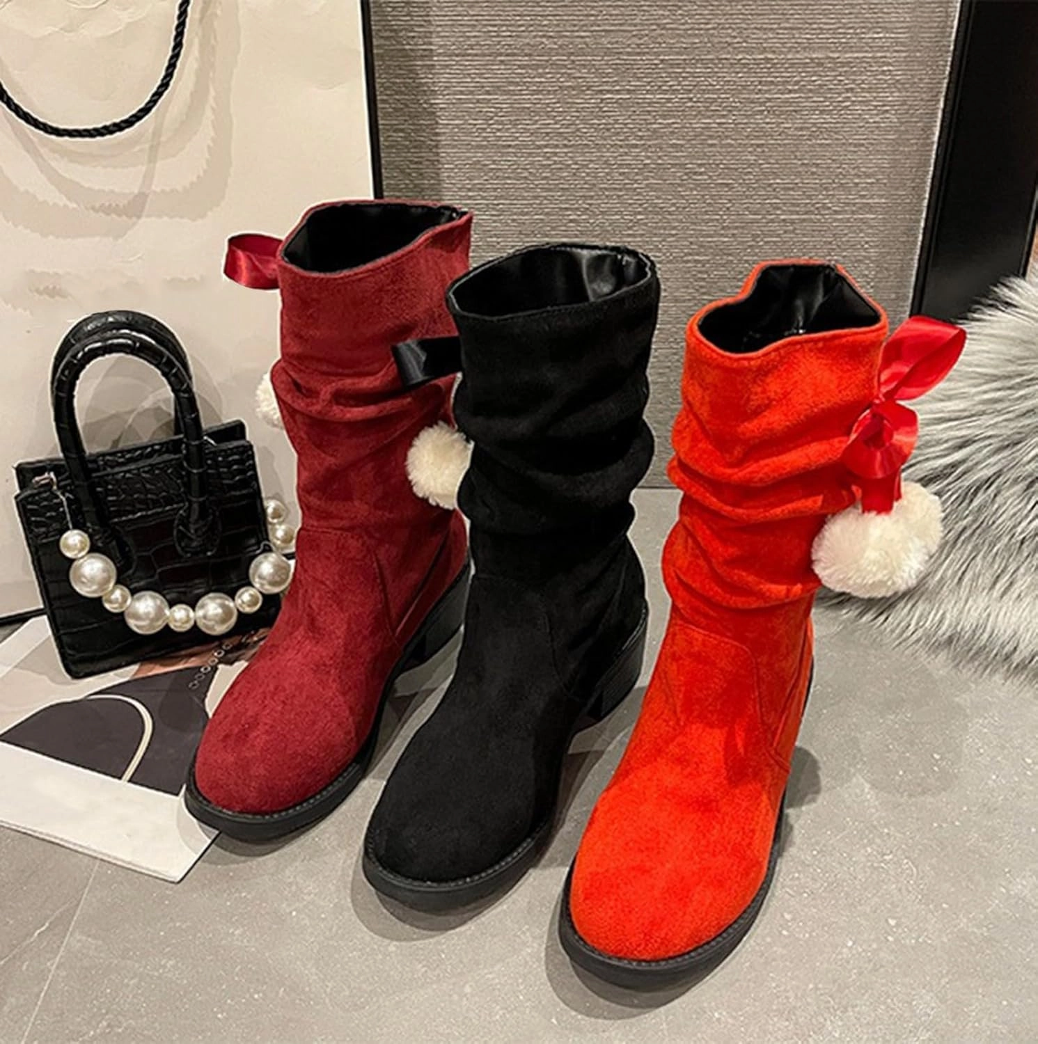 Best Cold Weather Boots Suede Lace Up Pull-on Fur Snow Booties Fashion Block High Heel Warm Comfortable Non-Slip Short Ankle Boots