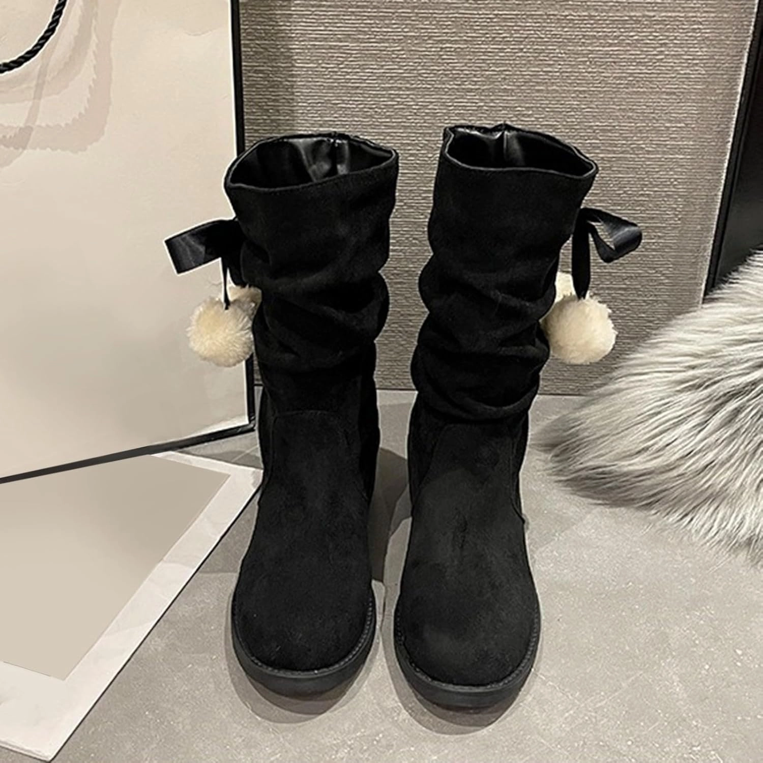 Waders With Boots Suede Lace Up Pull-on Fur Snow Booties Fashion Block High Heel Warm Comfortable Non-Slip Short Ankle Boots
