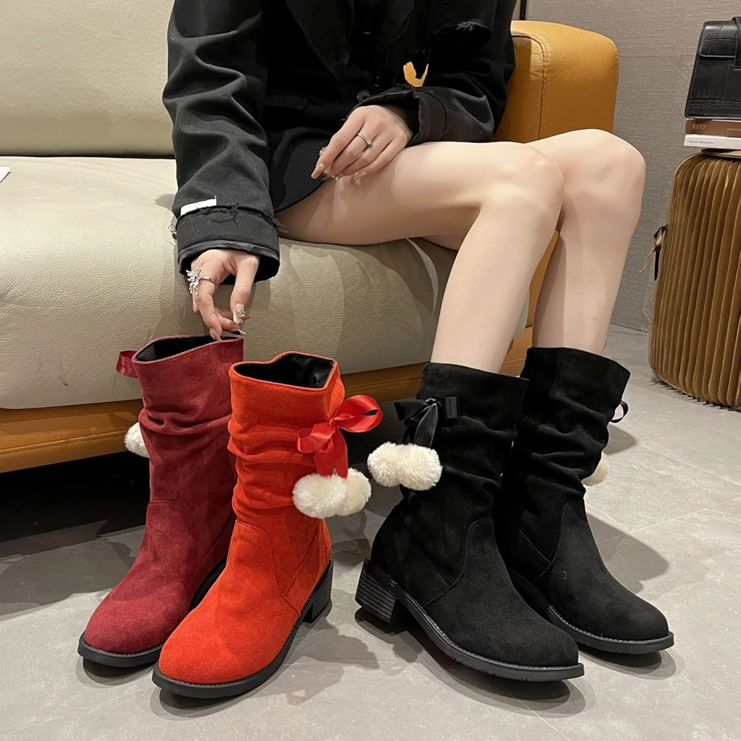 The North Face Boots Suede Lace Up Pull-on Fur Snow Booties Fashion Block High Heel Warm Comfortable Non-Slip Short Ankle Boots