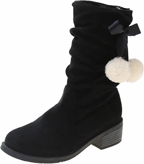 Suede Lace Up Pull-on Fur Snow Booties Fashion Block High Heel Warm Comfortable Non-Slip Short Ankle Boots High Ankle Boots