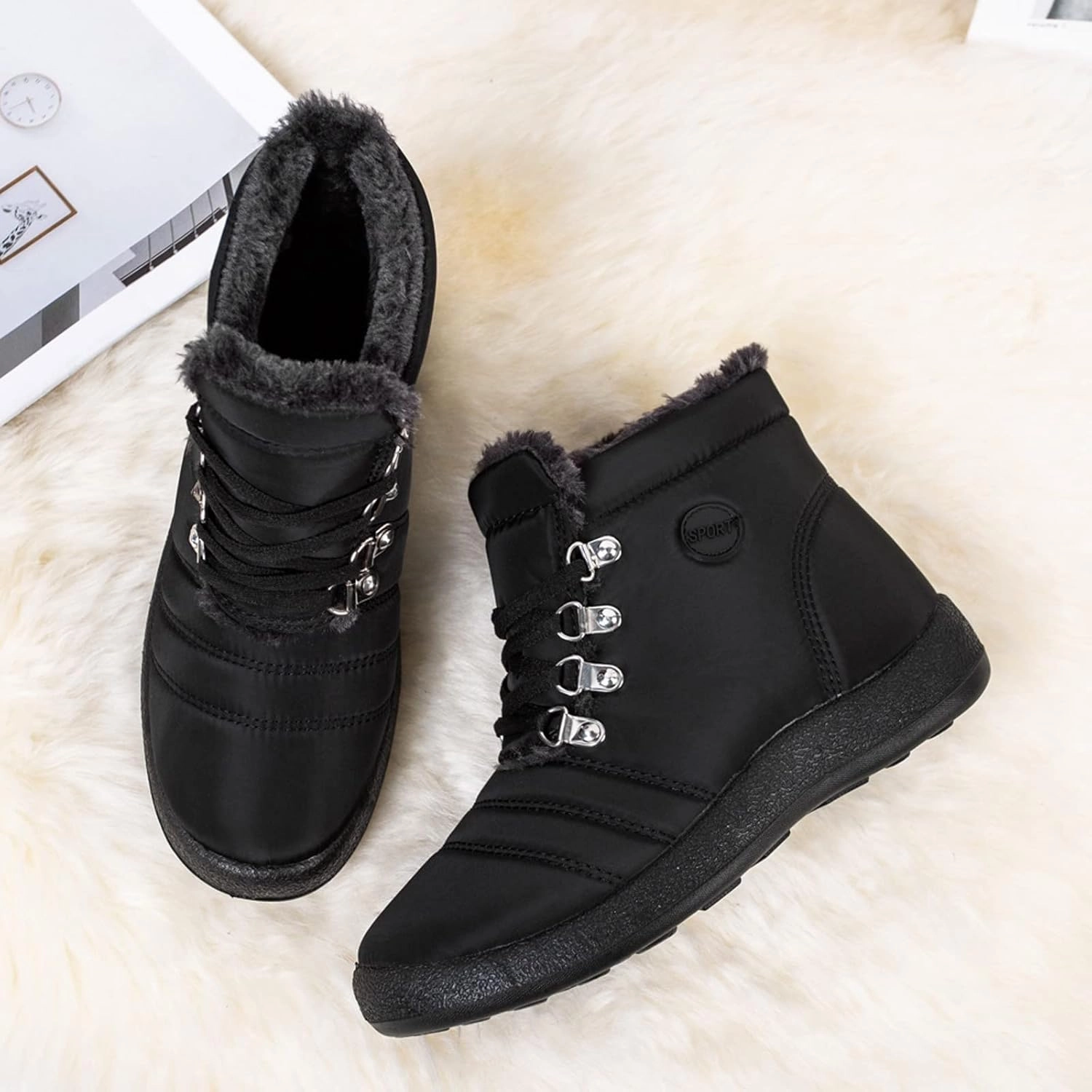 Women Winter Boots Wide Calf White and Black Winter Boots for Women Snow Boots Women Slip On Winter Boots for Women Womens Winter Booties Prime of Day Deals Work Boots With Steel Toe