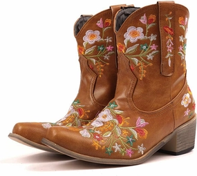 Cowboy Boots for Women Cowgirl Booties for Women Retro Western Mid Calf Chunky Heel Pointed Toe Embroidered Pull on Cowgirl Boots Wide Calf