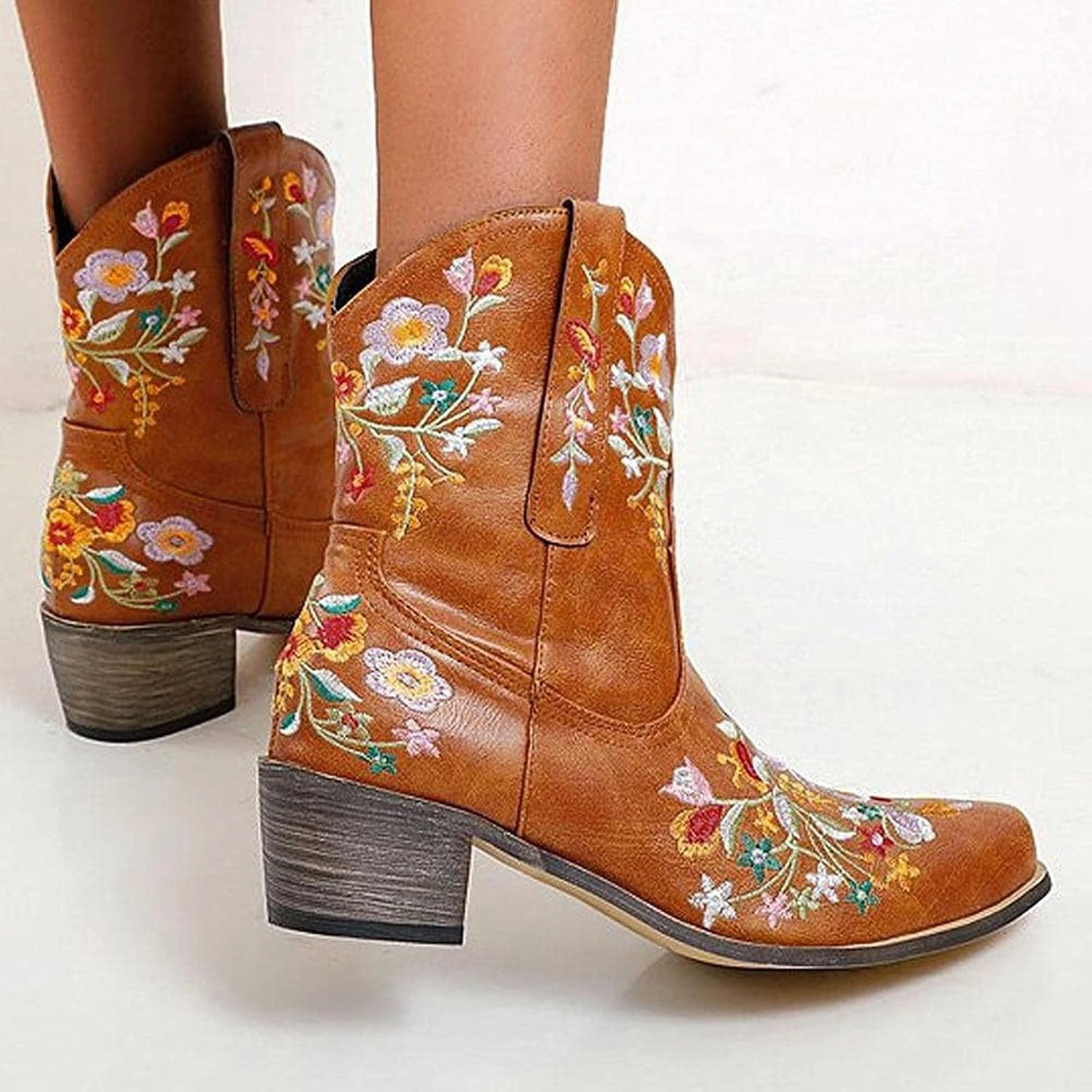 Cowboy Boots for Women Cowgirl Booties for Women Retro Western Mid Calf Chunky Heel Pointed Toe Embroidered Pull on Quality Work Boots