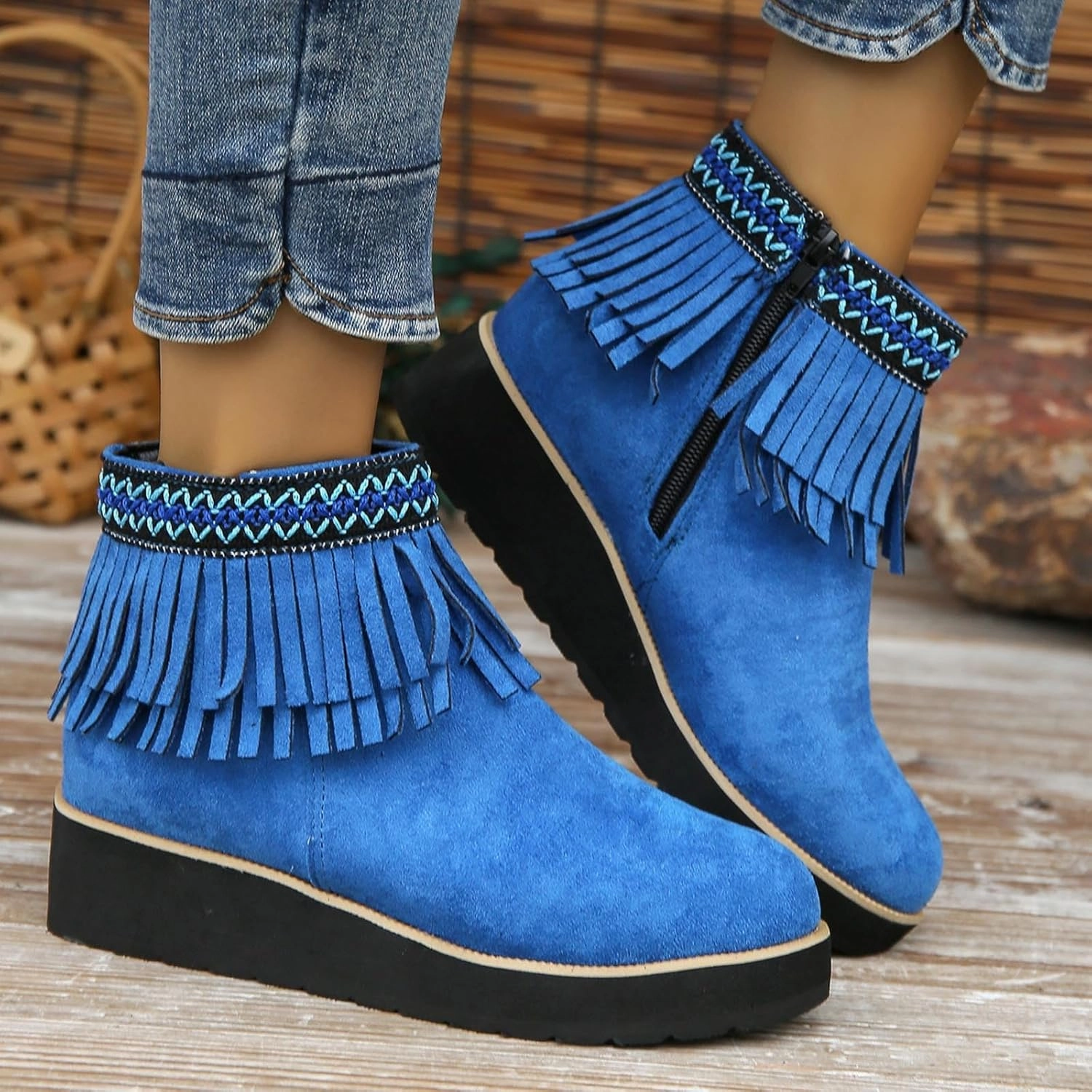 Leprechaun Boots Ankle Boots for Women Platform Boots for Women Comfortable Soft Sole Chunky Slope Heel Fringe Frosted Suede Nude Boot