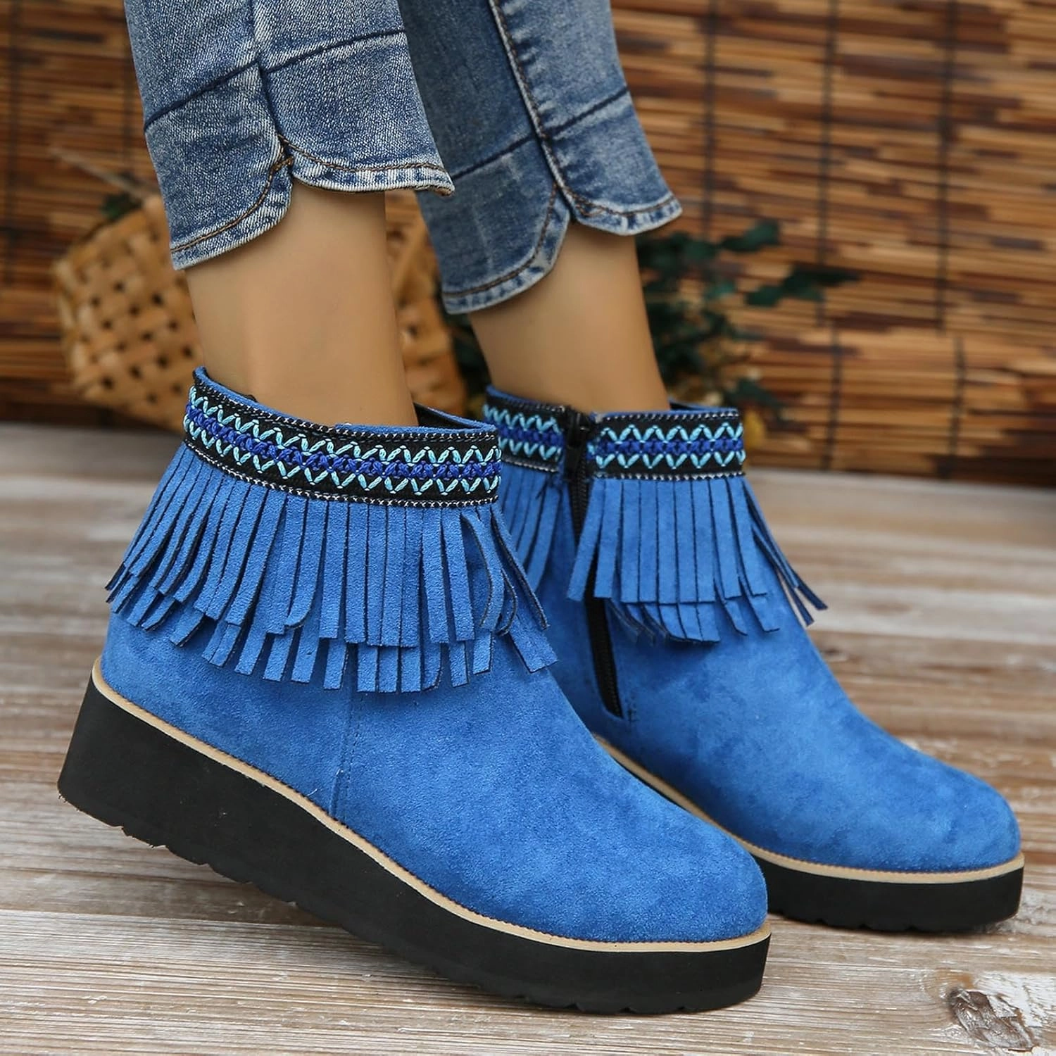Ankle Boots for Women Platform Boots for Women Comfortable Soft Sole Chunky Slope Heel Fringe Frosted Suede Nude Boot Touring Ski Boots