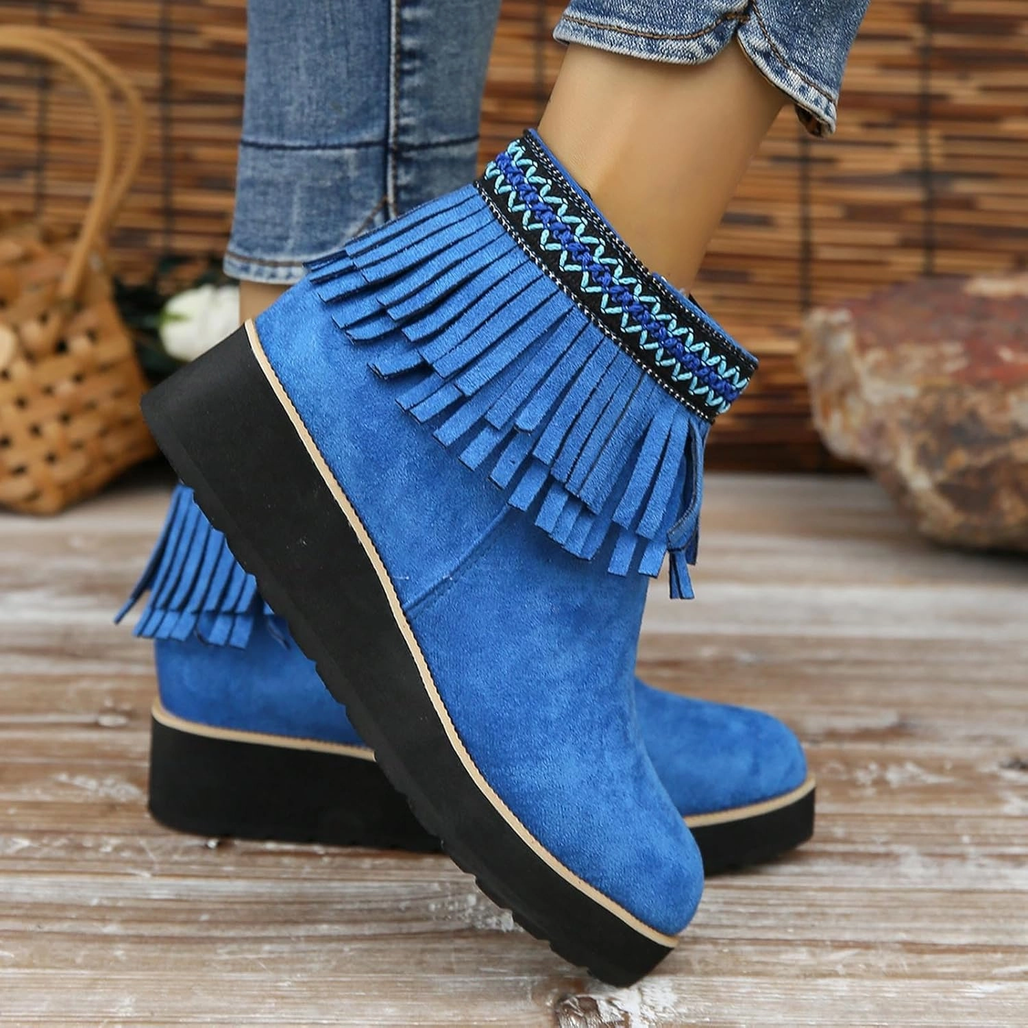 Ankle Boots for Women Platform Boots for Women Comfortable Soft Sole Chunky Slope Heel Fringe Frosted Suede Nude Boot Glitter Cowgirl Boots