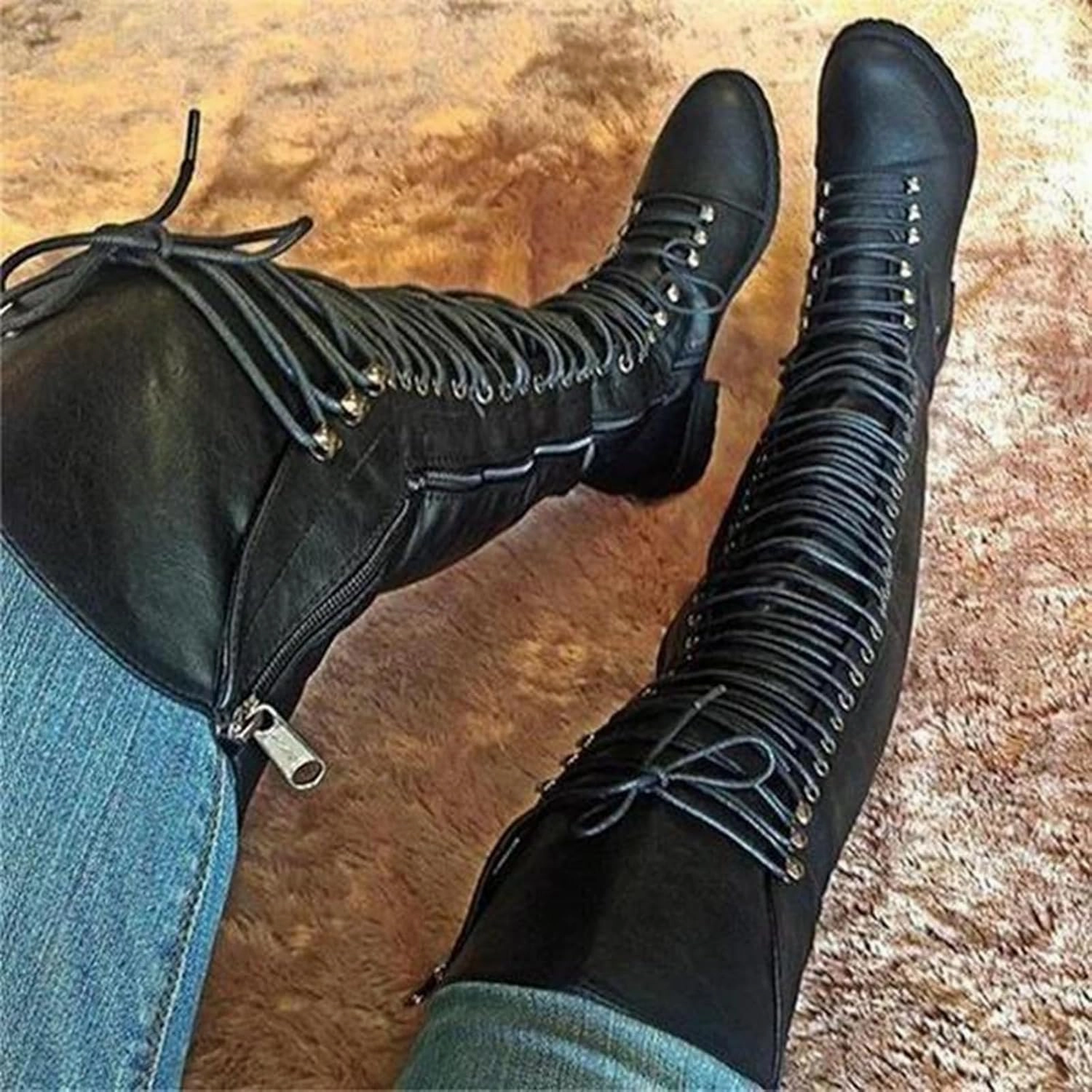 Over The Knee Boots for Women Winter Boots for Women 2024 Women's Retro Low Heel Lace Up Thigh High Knight Boots Groundbreaker Boots