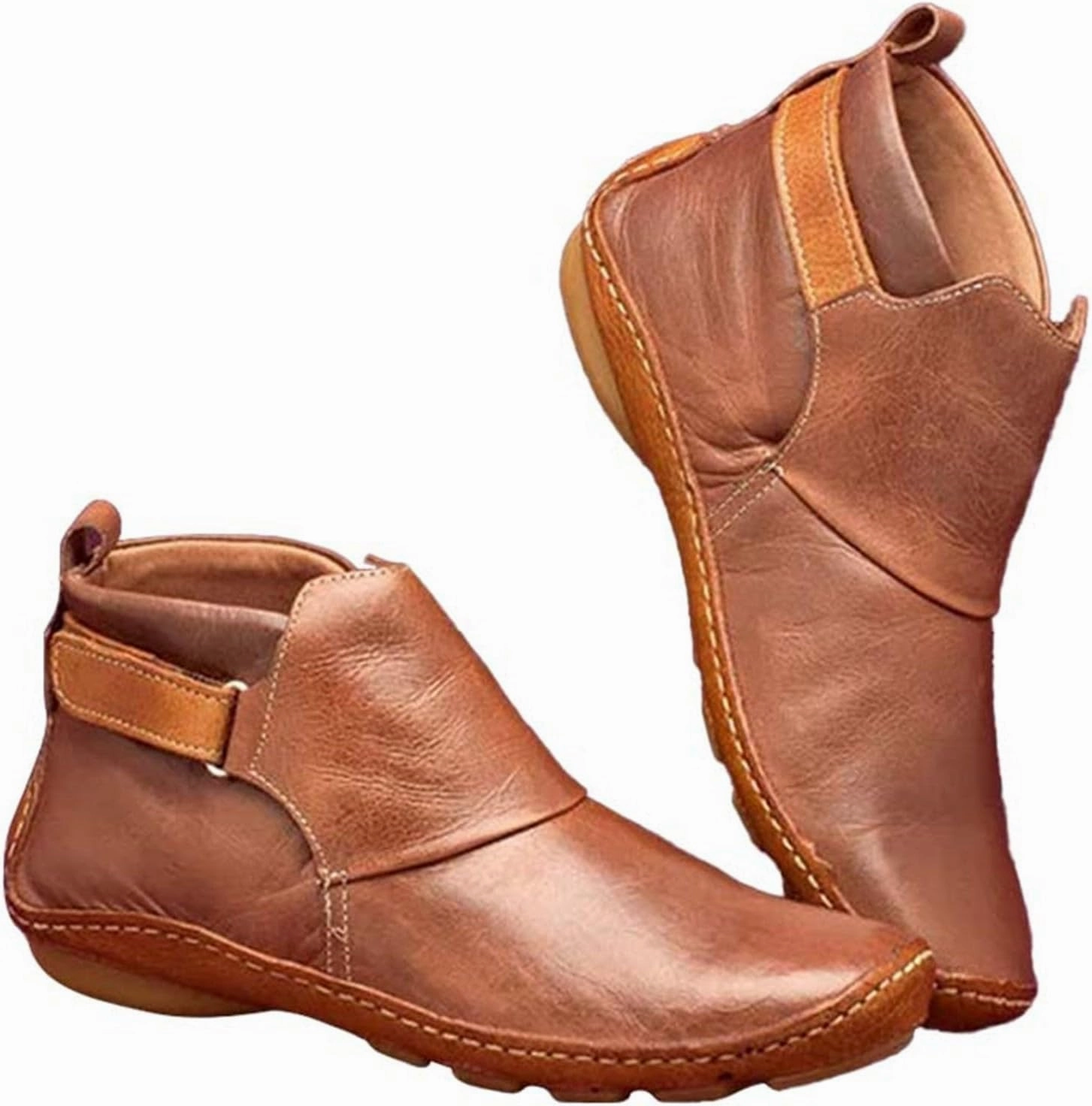 Heel Combat Boots Women Ankle Boots Wide Width Flat Shoes Soft Leather Retro Casual Short Boot Fashion Slip On Short Winter Round Toe Shoe