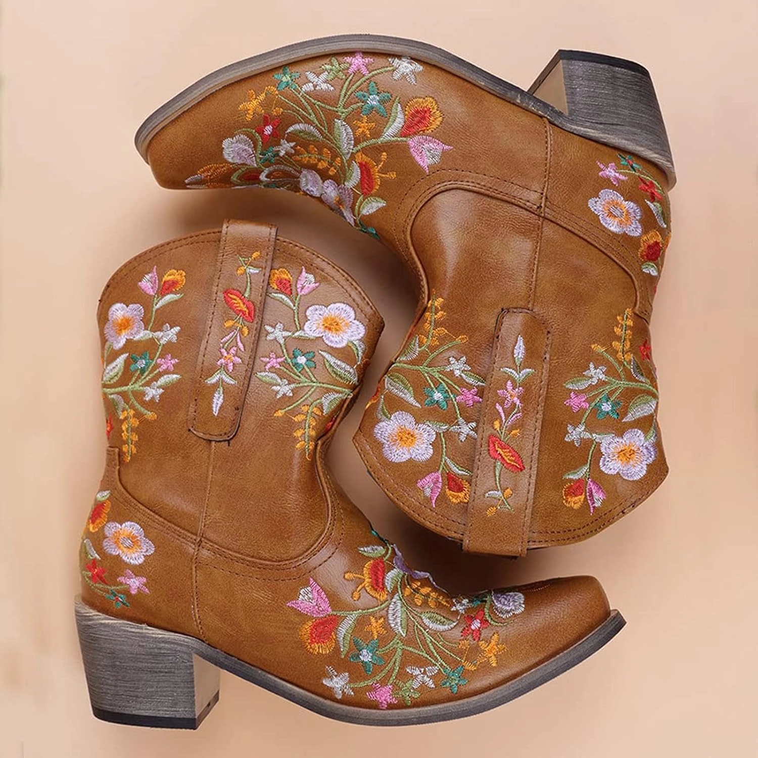 Cowboy Boots for Women Women Cowgirl BootsWestern Flock Flower Embroidered Pointed Toe Chunky Heel Pull on Women Boot Soft Ride Equine Boots