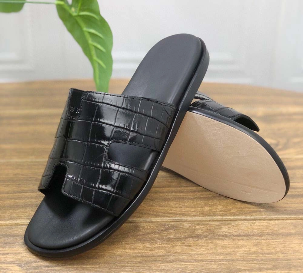 Preorder Vintage Grey Genuine Crocodile Belly Leather Mens Slipper Hockey Slides