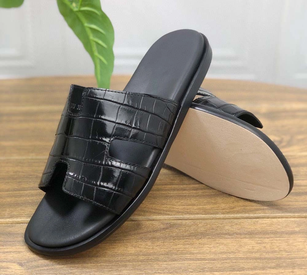 Drako Slides Preorder Vintage Grey Genuine Crocodile Belly Leather Mens Slipper