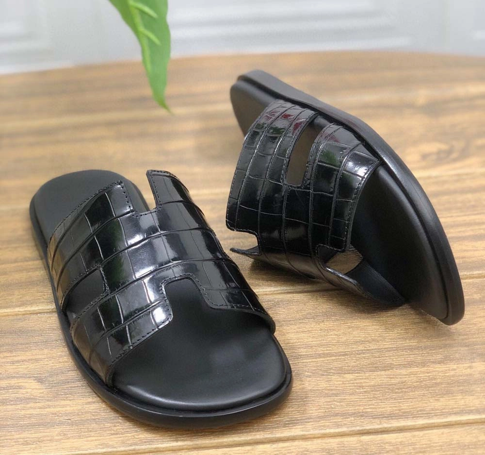 Preorder Vintage Grey Genuine Crocodile Belly Leather Mens Slipper Fluff Yeah Slides