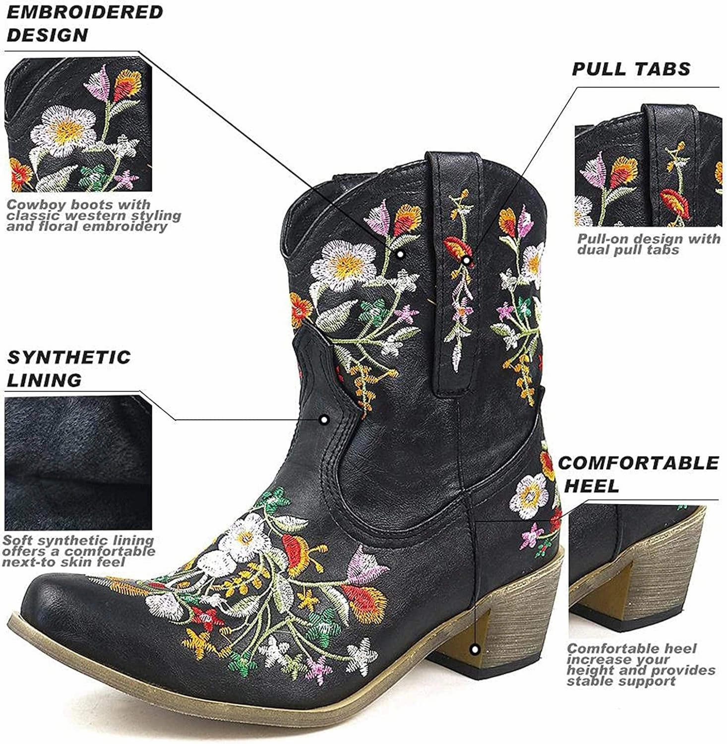 Cowboy Boots for Women Cowgirl Booties for Women Retro Western Mid Calf Chunky Heel Pointed Toe Embroidered Pull on Slip On Winter Boots