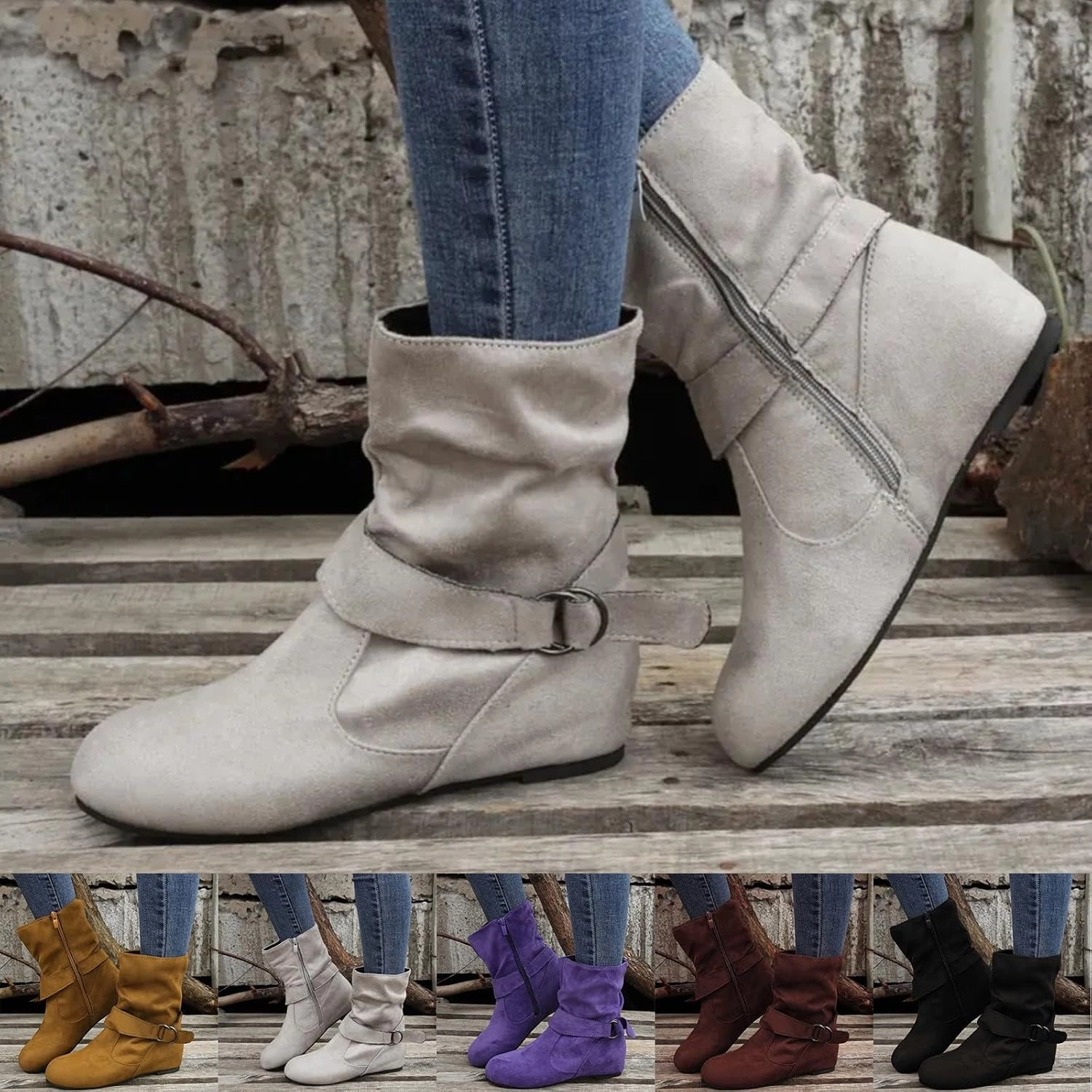 Mid Calf Boots for Women Leather Fashion Boots for Women Casual Flock Round Toe Low Heels Lightweight Breathable Heeled Army Boots
