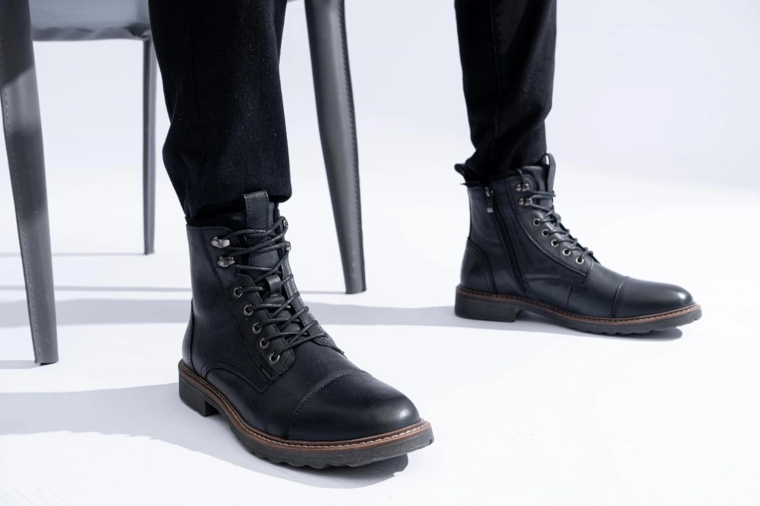 Vostey Mens Boots Motorcycle Casual Boots For Men Zipper Fashion Chukka Boot Mens Leather Motorcycle Boots