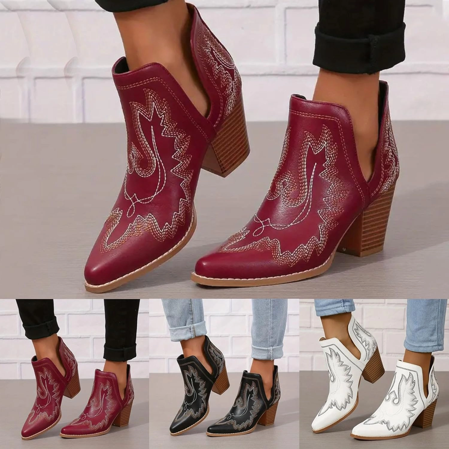 Ankle Cowboy Boots for Women Cowgirl Boots Women Western Chunky Heels Pointed Toe V Cut Slip on Women Short Boots Fringe On Boots