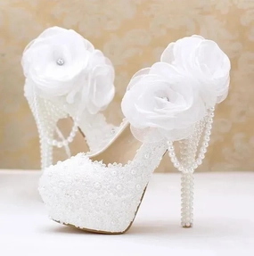 White Rose Wedding Heel Pumps Shoes Slip On Orthopedic Sandals