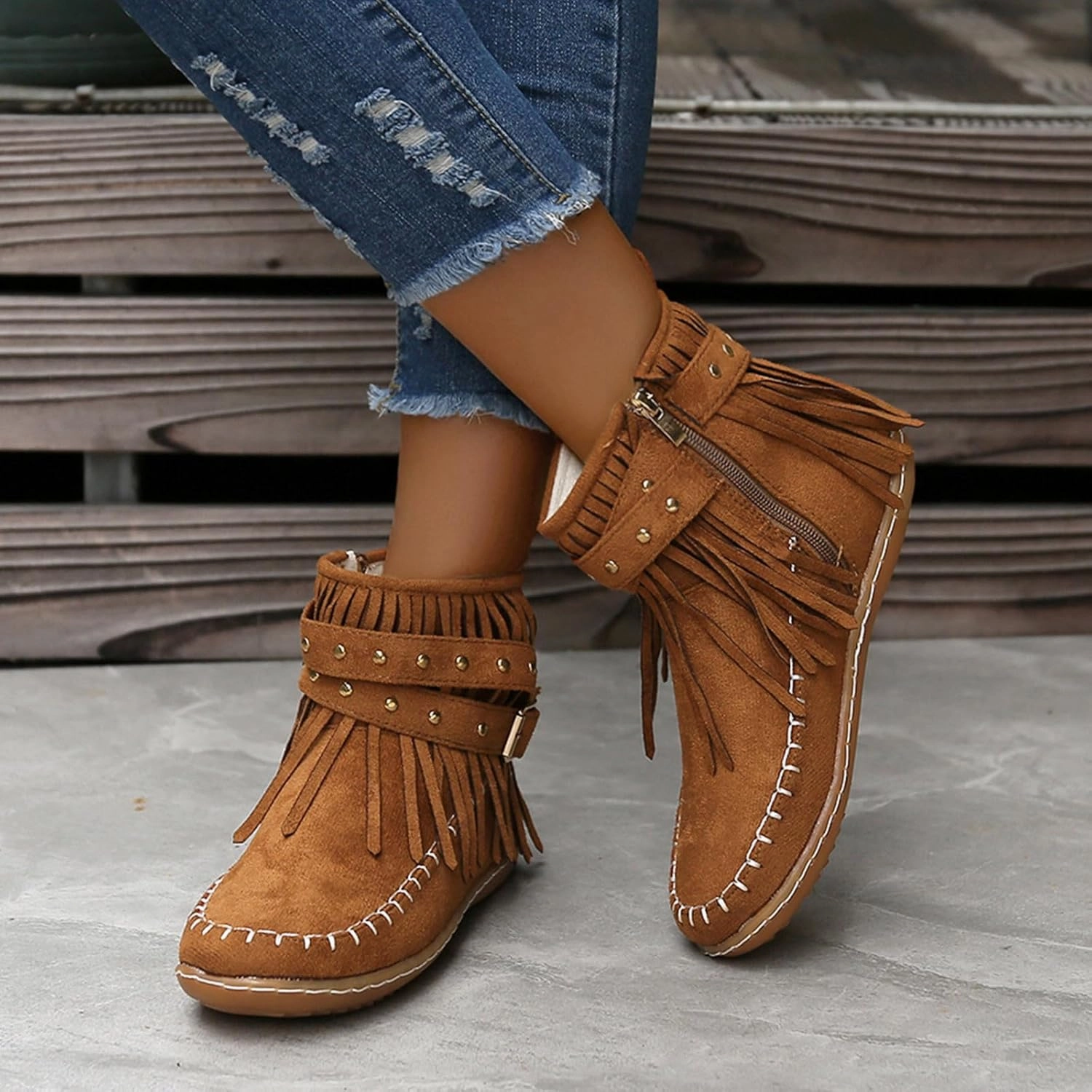 Festival Boots Wide Calf Ankle Boots Walking Boots for Women Suede Tassel Western Comfortable Round Toe Flat Vintage Ankle Boots