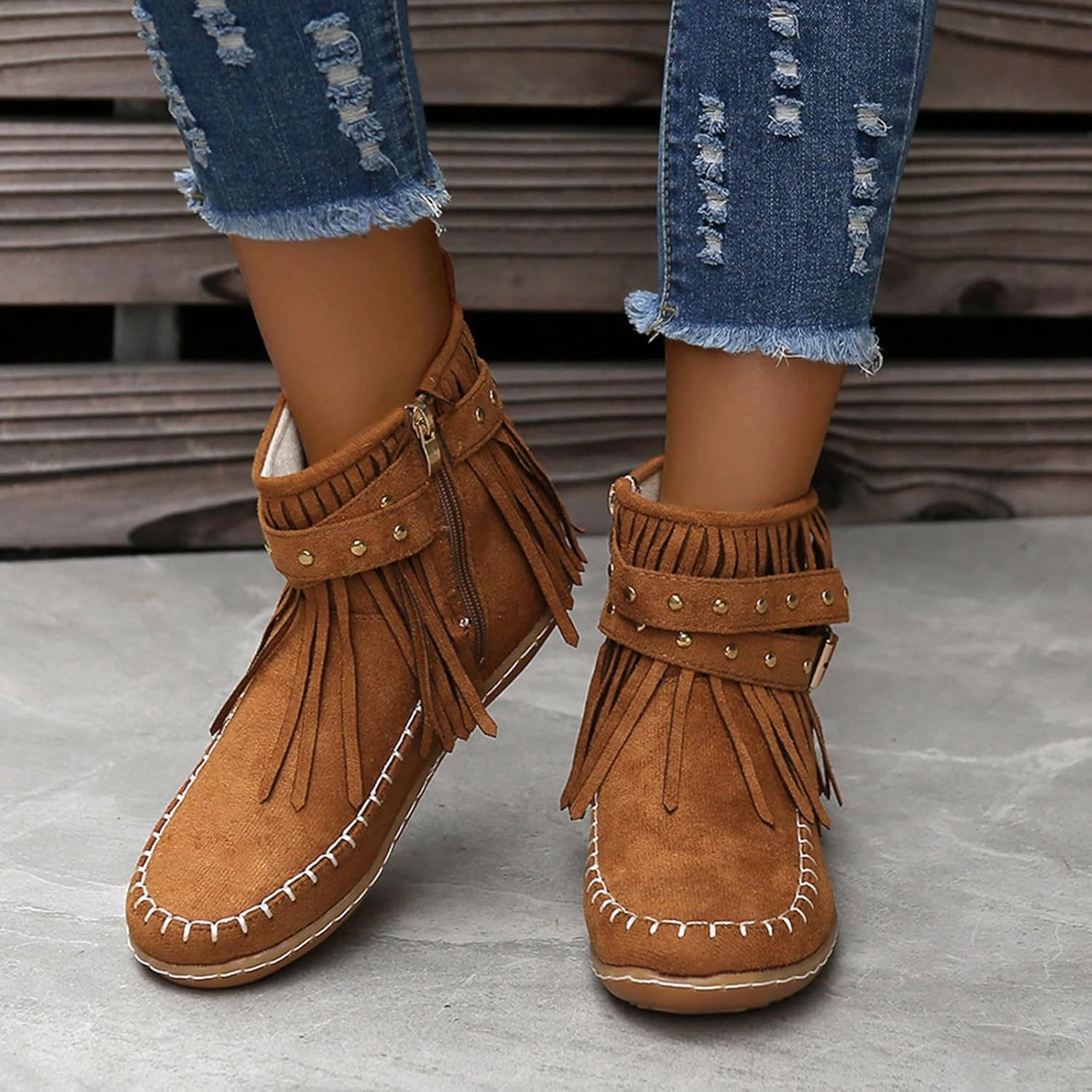 Shoe Rack For Boots Wide Calf Ankle Boots Walking Boots for Women Suede Tassel Western Comfortable Round Toe Flat Vintage Ankle Boots