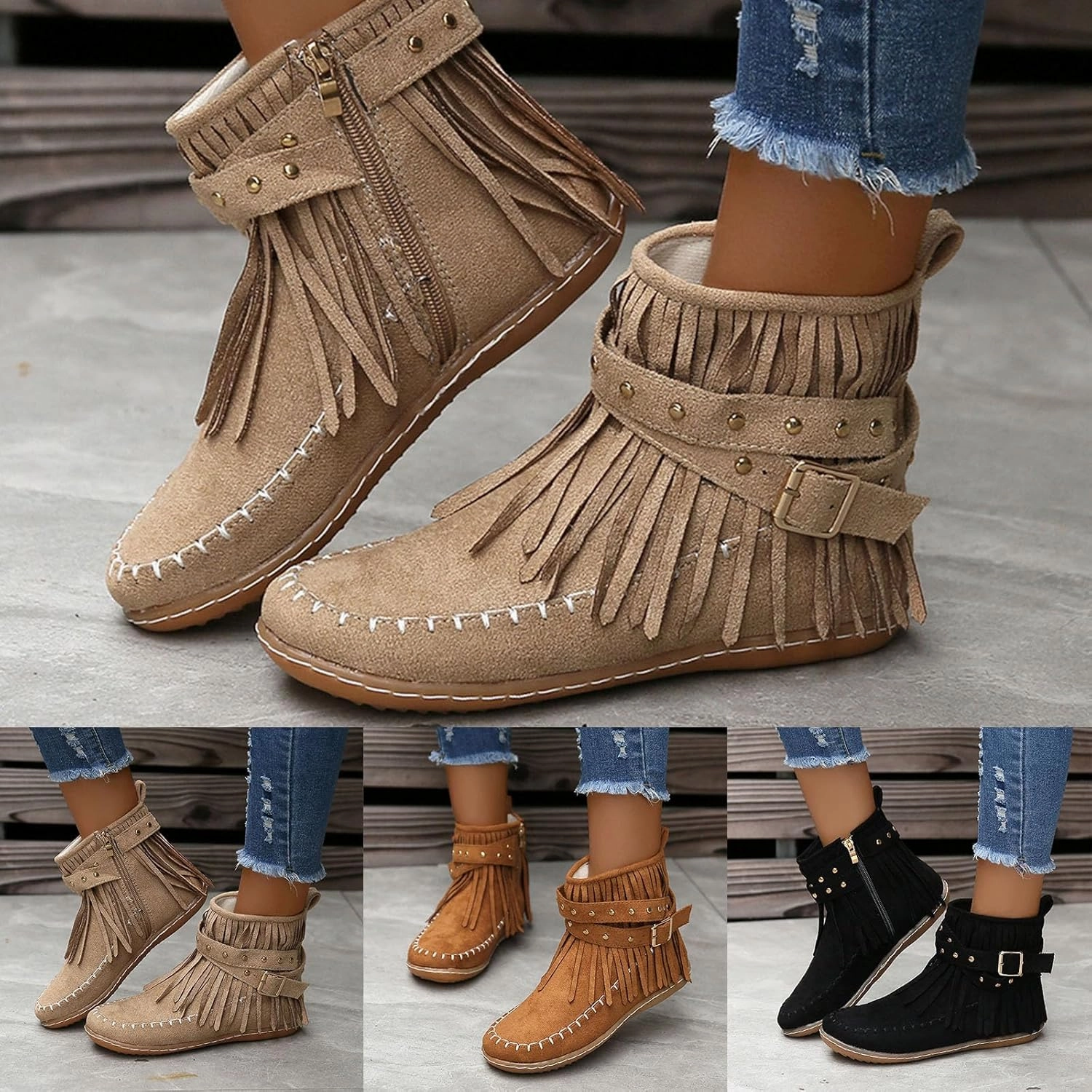 Wide Calf Ankle Boots Walking Boots for Women Suede Tassel Western Comfortable Round Toe Flat Vintage Ankle Boots Free People Cowboy Boots