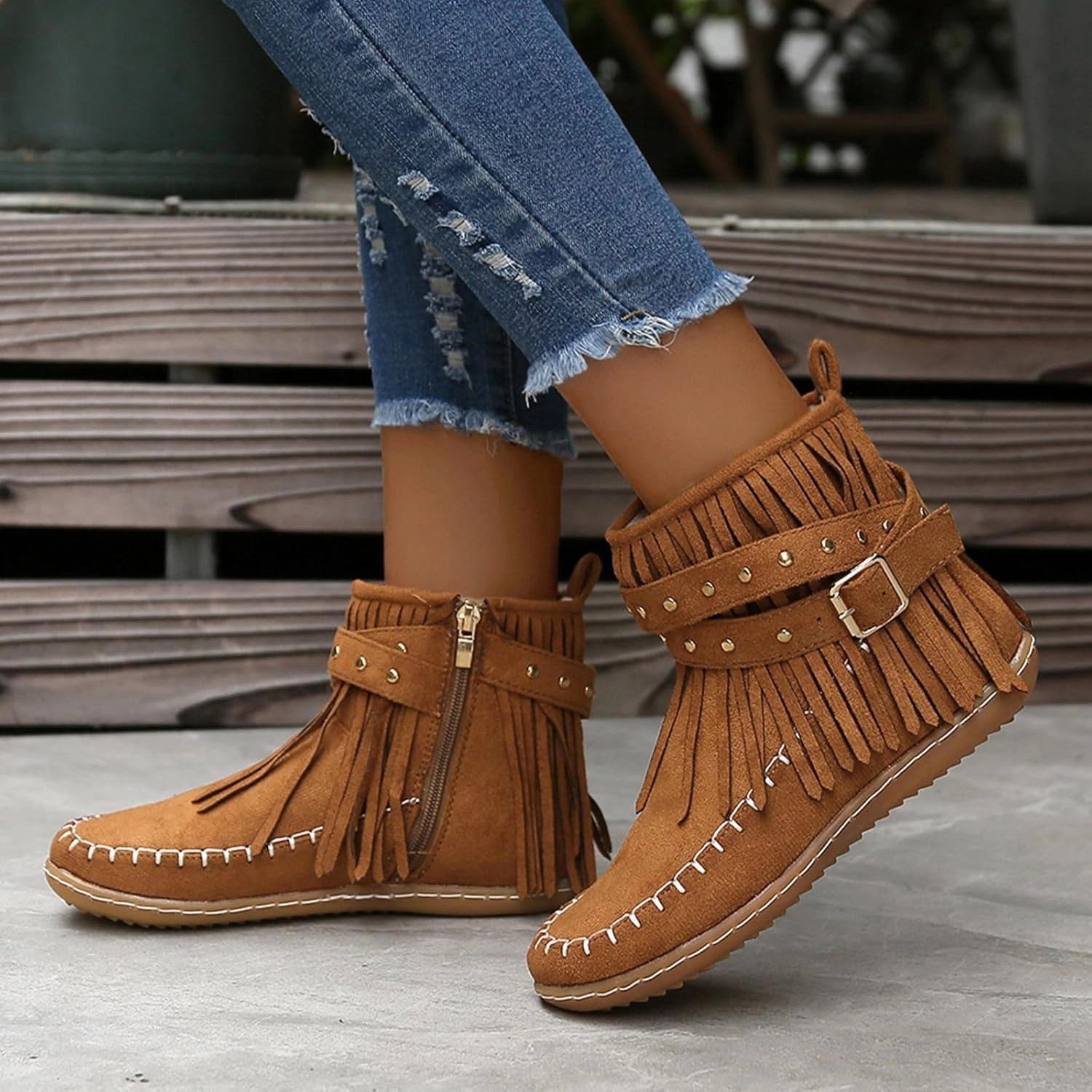 Nnn Bc Boots Wide Calf Ankle Boots Walking Boots for Women Suede Tassel Western Comfortable Round Toe Flat Vintage Ankle Boots