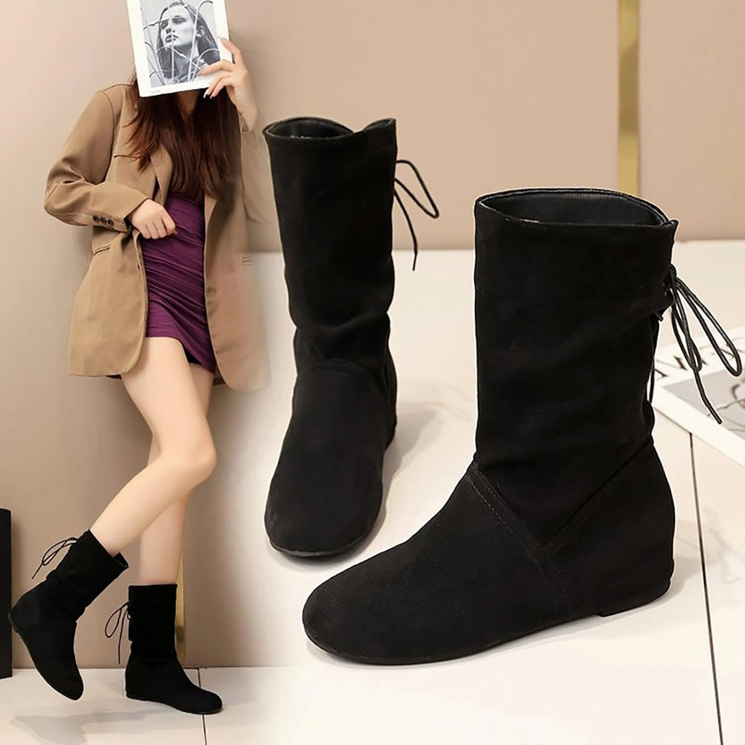 Wide Calf Boots for Women with Heel Boots Breathable Fashion Round Head Knee High Boots for Women Wide Calf Wide Width Knee High Boots On Sale
