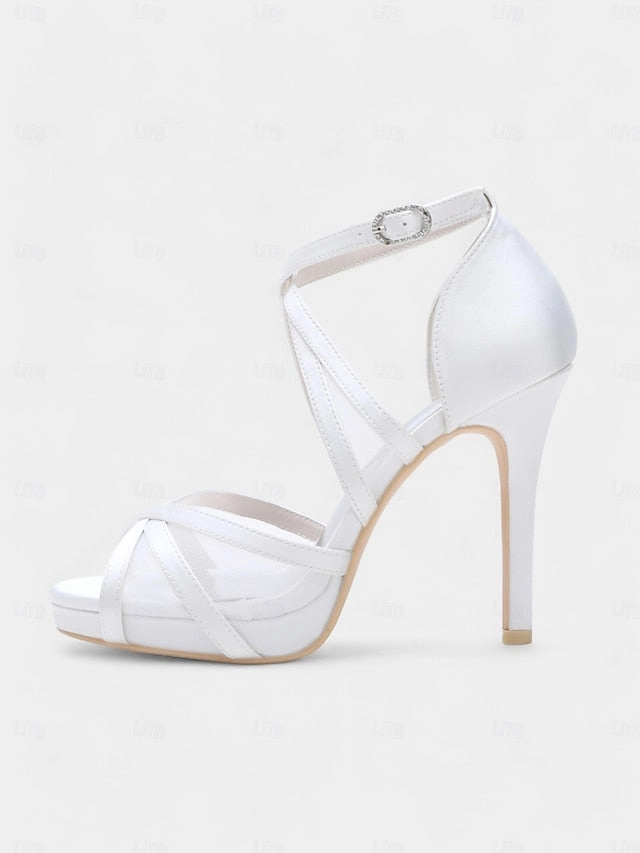 with Straps Satin White Sandals - Perfect Cross Bridal High Heel