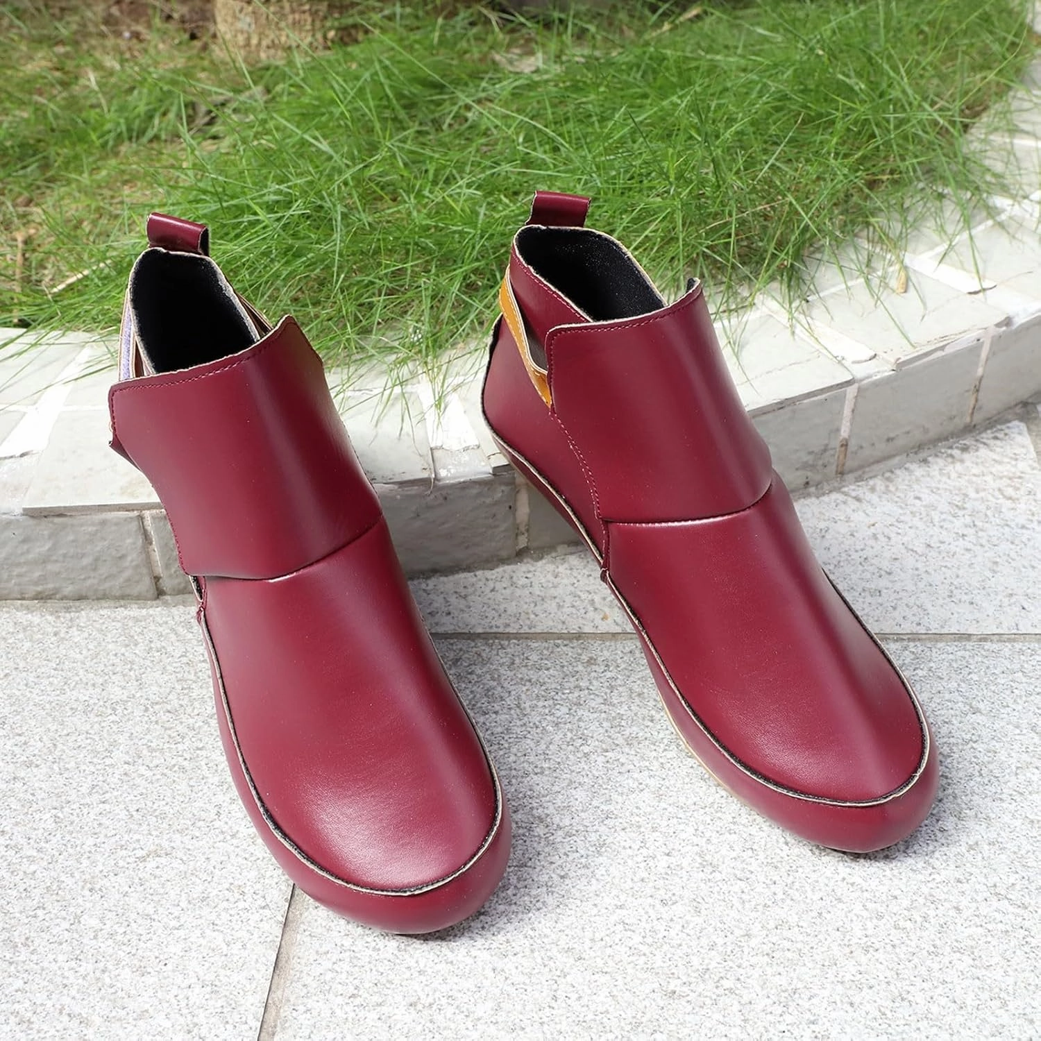 Italian Walking Boots Women Ankle Boots Wide Width Flat Shoes Soft Leather Retro Casual Short Boot Fashion Slip On Short Winter Round Toe Shoe