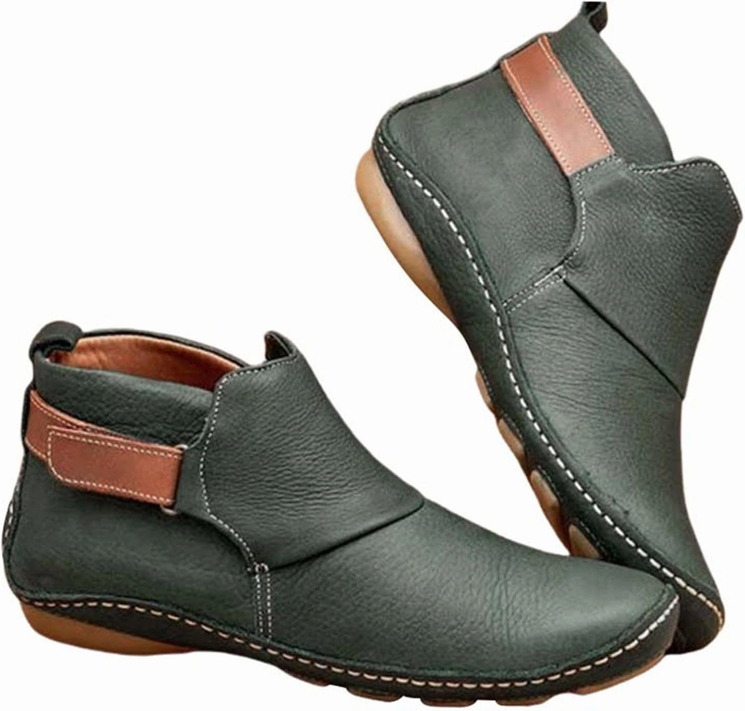 Women Ankle Boots Wide Width Flat Shoes Soft Leather Retro Casual Short Boot Fashion Slip On Short Winter Round Toe Shoe Waterproof