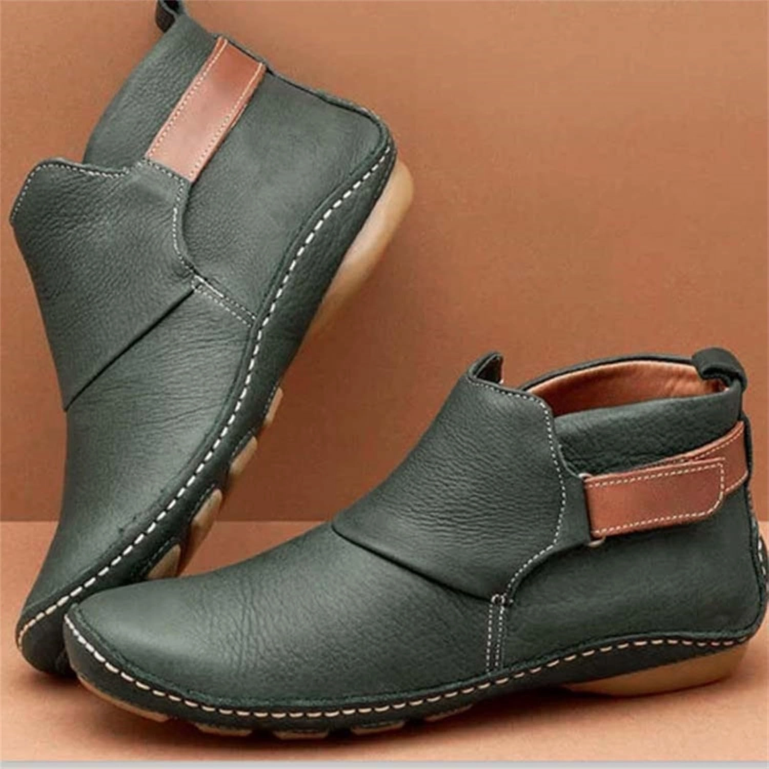 Wide Fit Boots Women Ankle Boots Wide Width Flat Shoes Soft Leather Retro Casual Short Boot Fashion Slip On Short Winter Round Toe Shoe