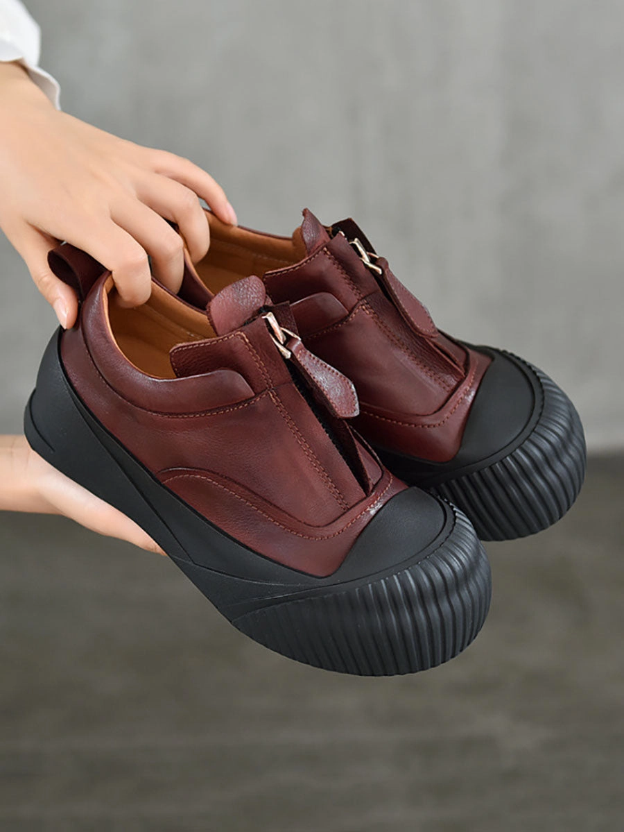 Lace Up Shoe Boots Women Casual Genuine Leather Zipper Platform Shoes WG035