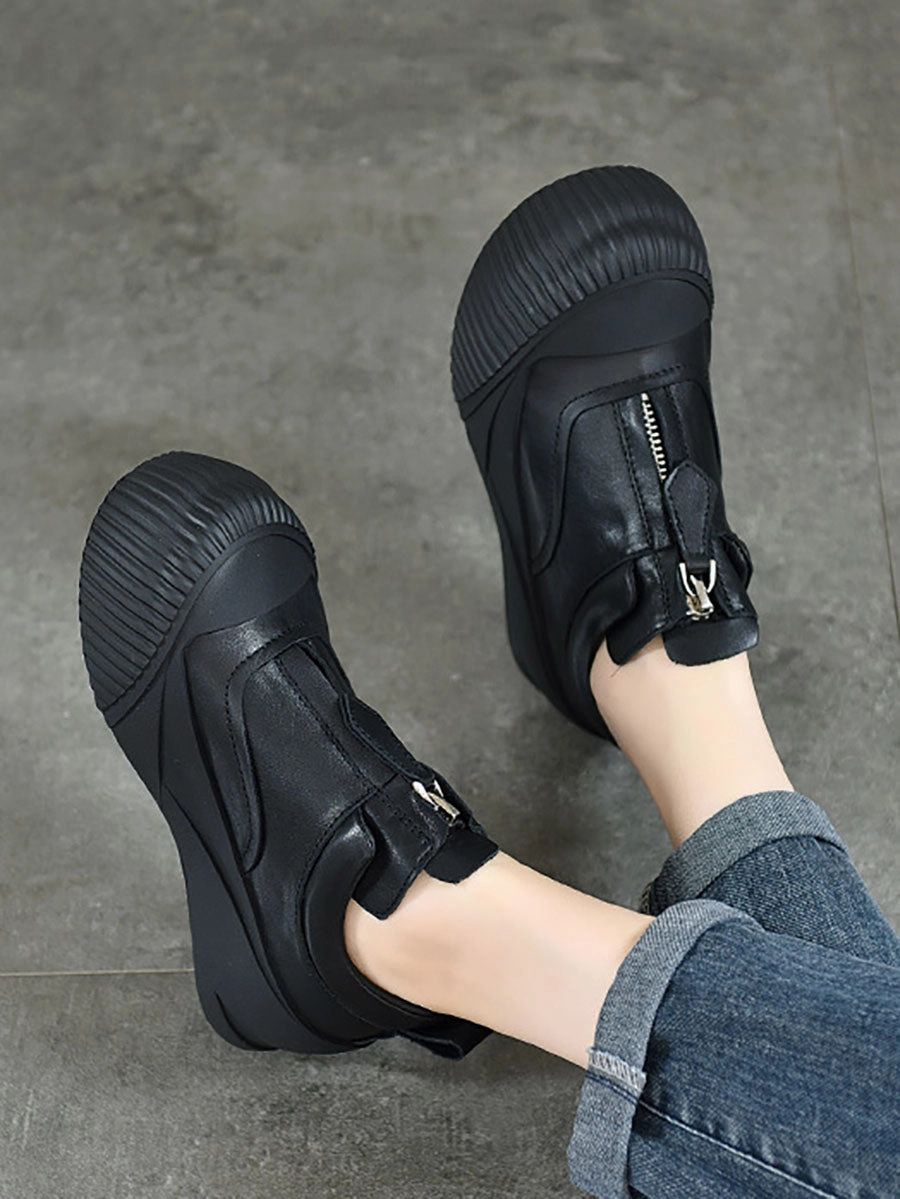 Women Casual Genuine Leather Zipper Platform Shoes WG035 Block Heel Lace Up Shoes