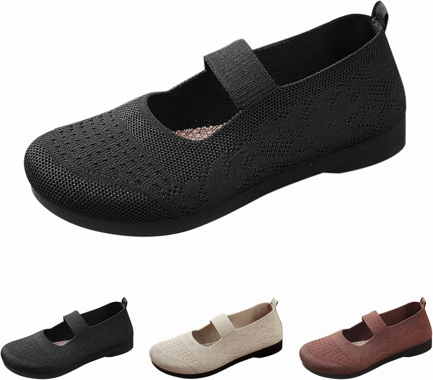 Women Mary Jane Flat Shoes Wide Toe Box Comofortable Ballet Flat with Adjustable Straps Slip on Washable Knit Casual Flats Composite Sneakers For Women