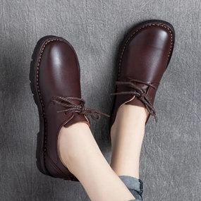 Women Retro Solid Cowhide Leather Soft Shoes 577 Walking Shoes Lace-up