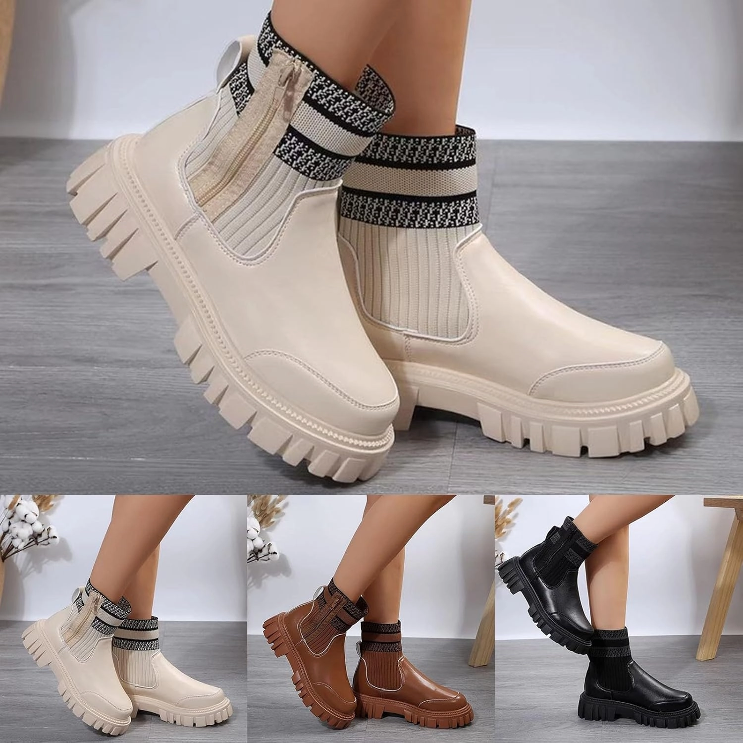 Real Cowboy Boots Women's Ankle Boots Chunky Heel Boots 2024 Fashion Thick Heel Round Toe Sock Boots Slip on Elastic Casual Short Boots