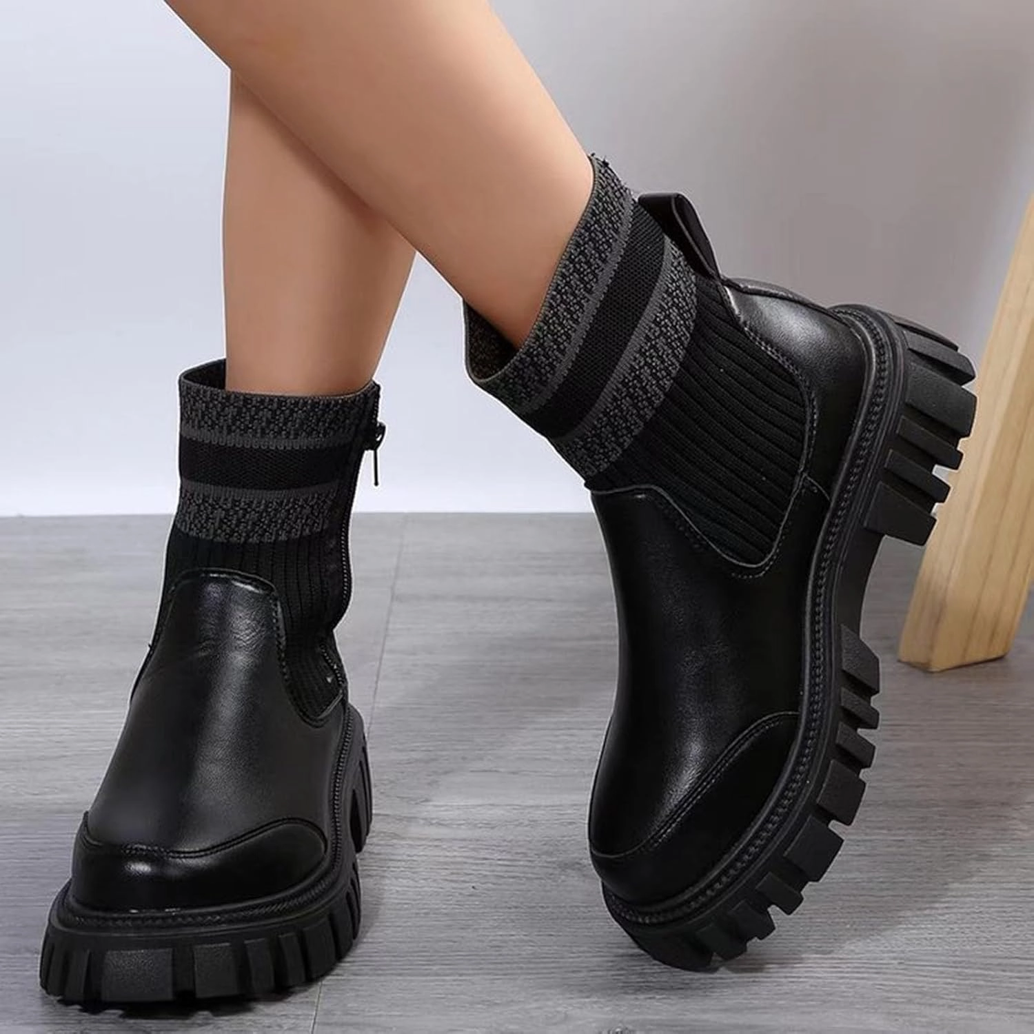 Fuzzie Boots Women's Ankle Boots Chunky Heel Boots 2024 Fashion Thick Heel Round Toe Sock Boots Slip on Elastic Casual Short Boots