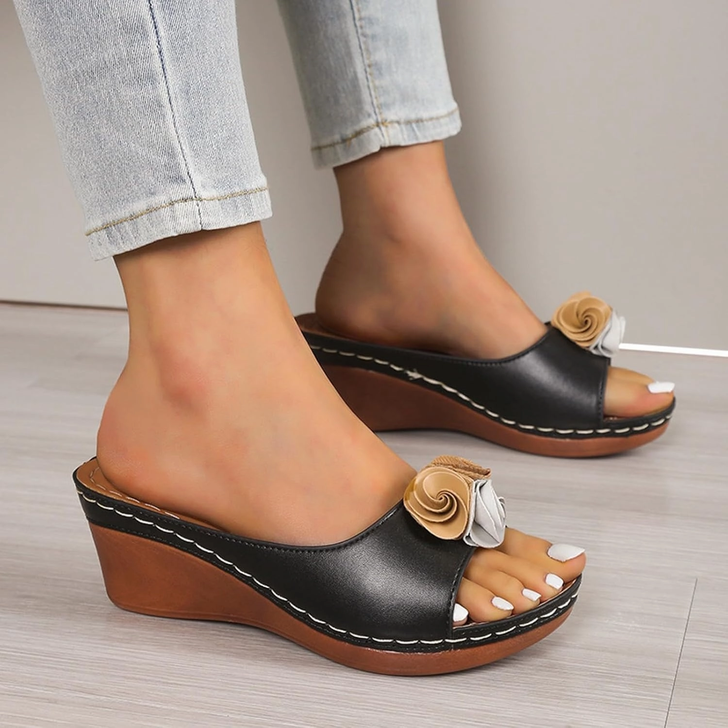 Women's Comfy Orthotic Sandals Elegant Flower Dress Sandal Slipper Platform Comfortable Shoes Walking Work Slippers Open Toe Shoes Casual Boho Slip on Beach Sandals Runners Sneakers