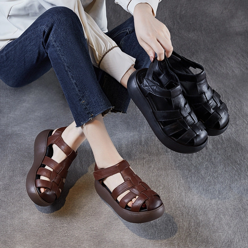 Mountain Sandals Women's Retro Plain Leather Casual Platform Sandals