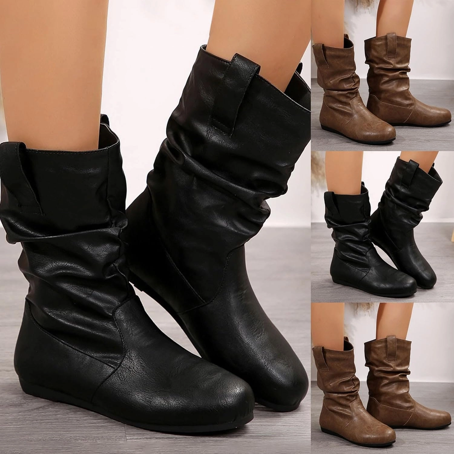 Fischer Boots Women's Short Boots Dressy Women's Mid Calf Boots Round Toe Mid Calf Slip on Flat Casual Vintage Boots for Women