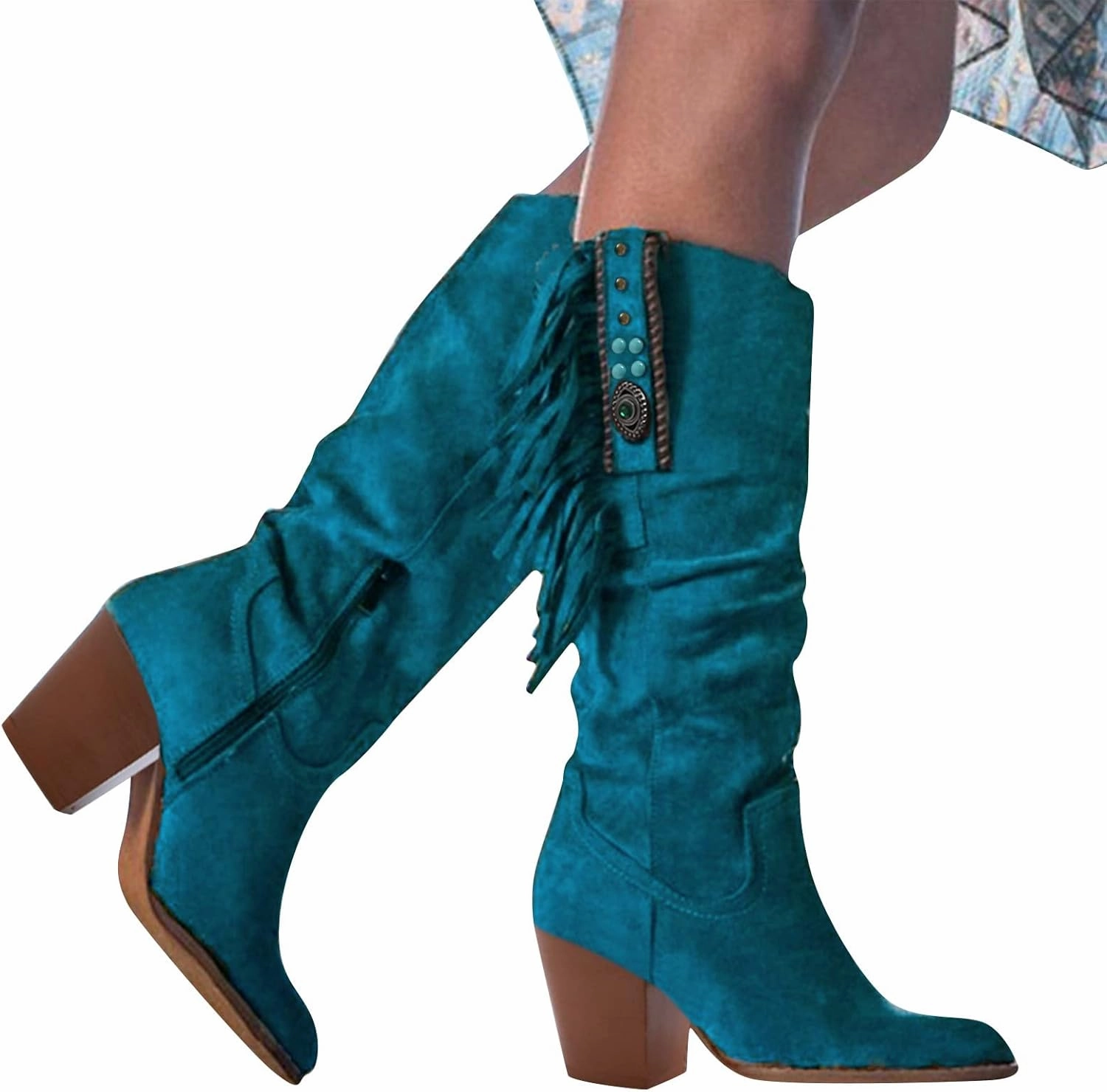 Boots Rain Boots Womens Knee High Boots Cowboy Boots for Women Fringe Boots Pointy Toe Side Zipper Chunky Heel Slouchy Tassel Boots