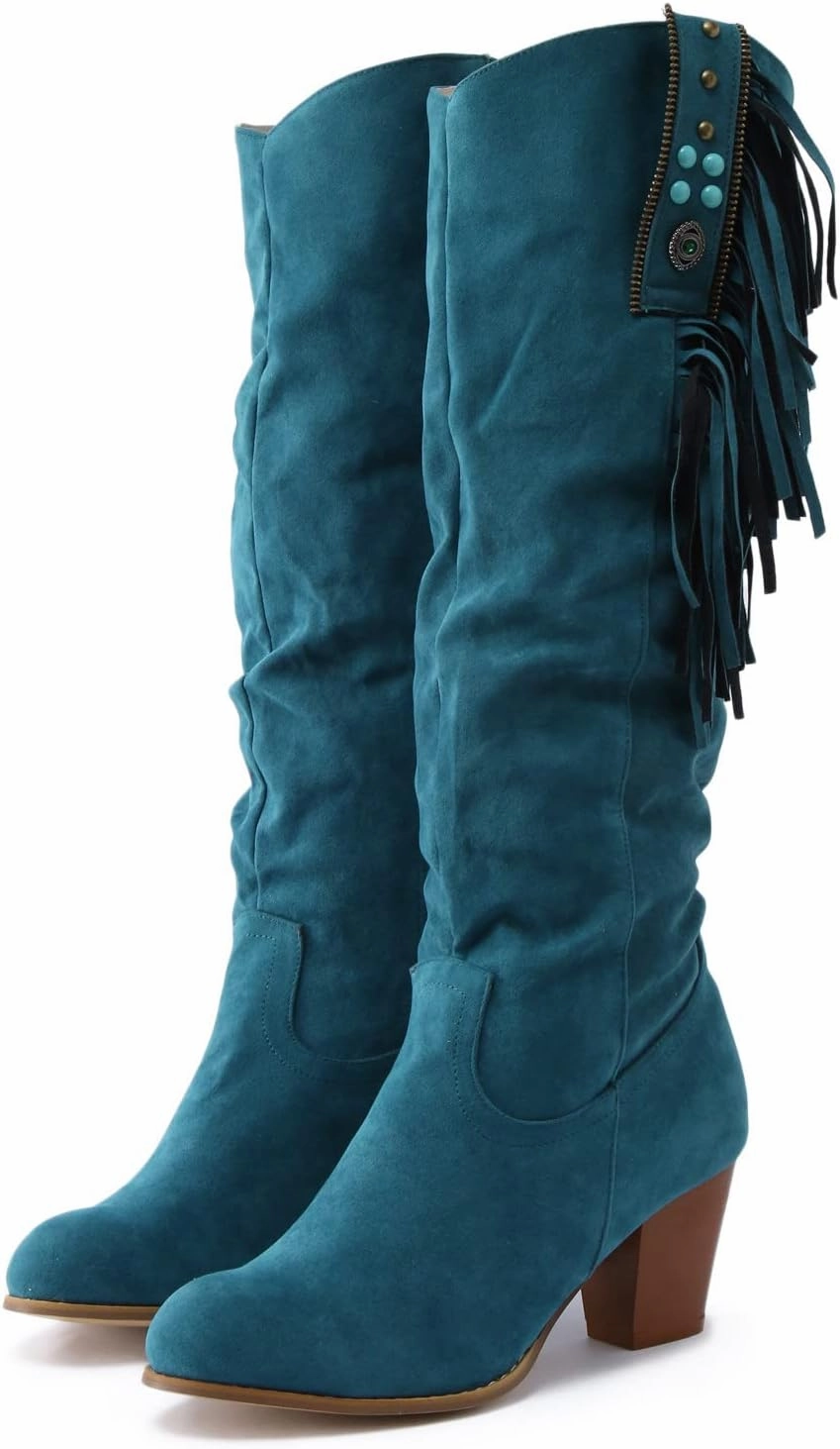 Ankle Deck Boots Womens Knee High Boots Cowboy Boots for Women Fringe Boots Pointy Toe Side Zipper Chunky Heel Slouchy Tassel Boots