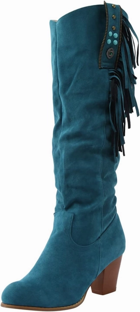 Womens Knee High Boots Cowboy Boots for Women Fringe Boots Pointy Toe Side Zipper Chunky Heel Slouchy Tassel Boots Electric Boots