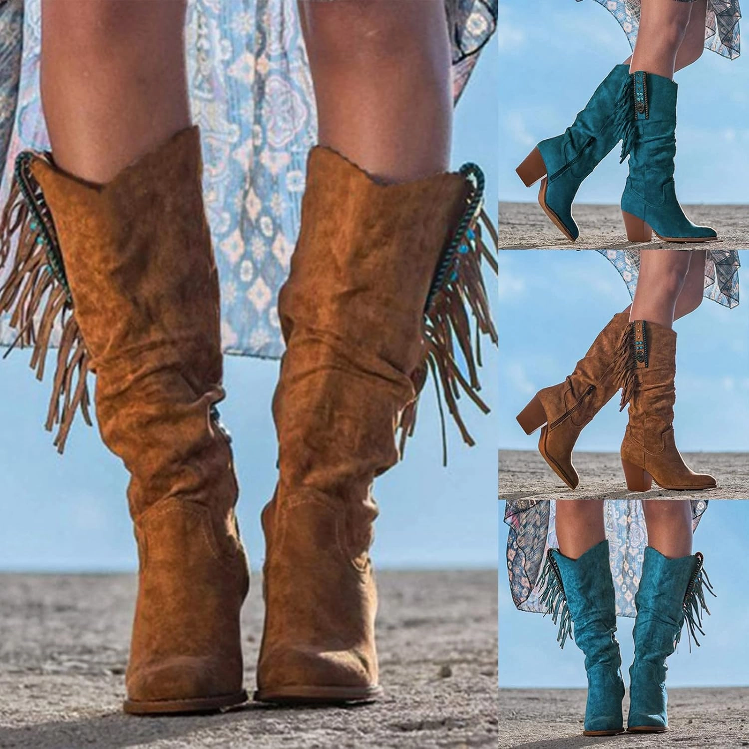 Luk Boots Womens Knee High Boots Cowboy Boots for Women Fringe Boots Pointy Toe Side Zipper Chunky Heel Slouchy Tassel Boots