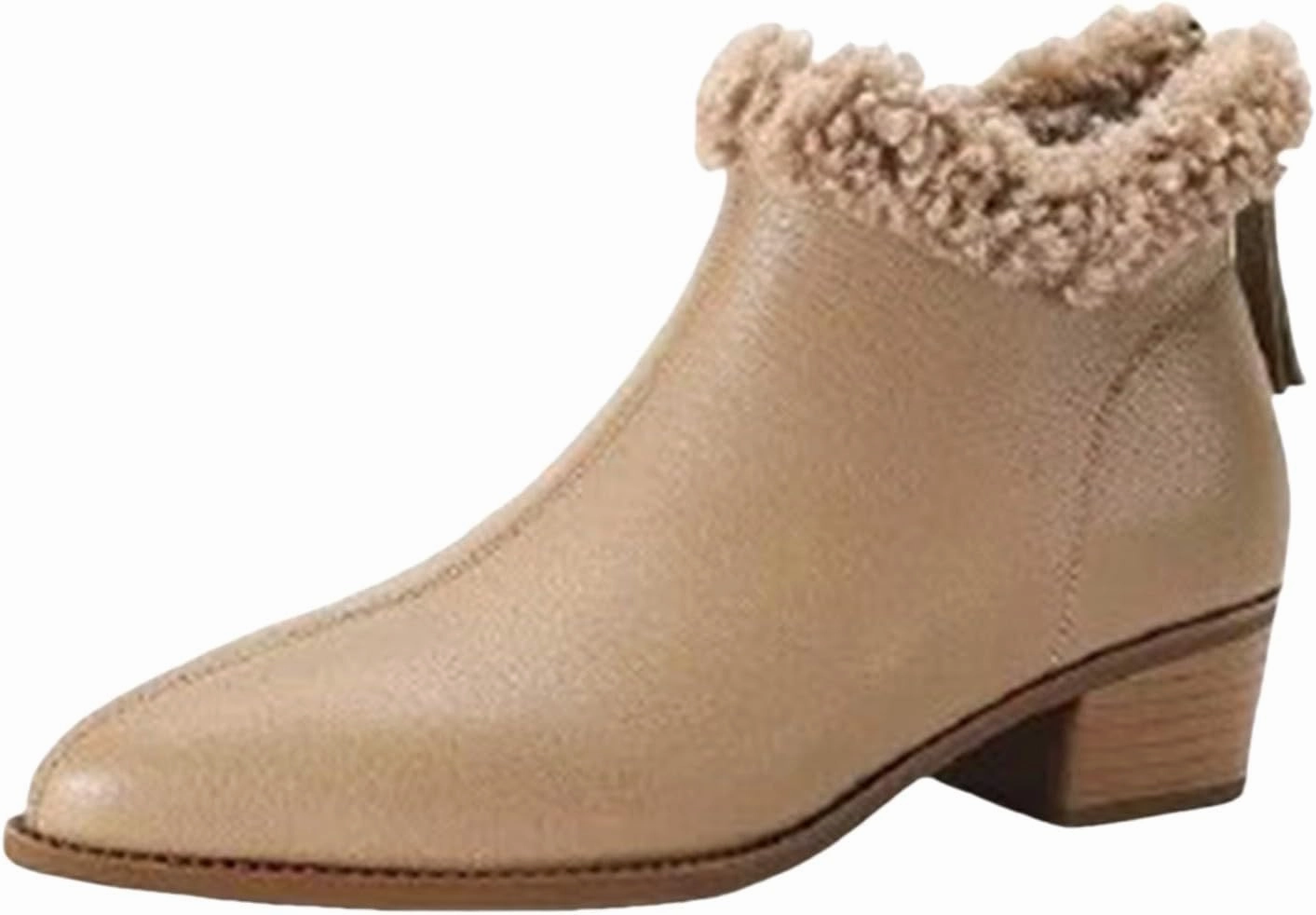 Womens Pointed Toe Low Heel Snow Boots Winter Snow Slip On Shoes Warm Cozy Fur Lined Back Zipper Ankle Booties Tall Moto Boots