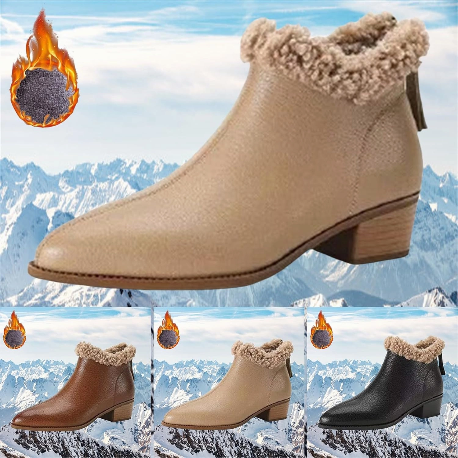 Borne Boots Womens Pointed Toe Low Heel Snow Boots Winter Snow Slip On Shoes Warm Cozy Fur Lined Back Zipper Ankle Booties