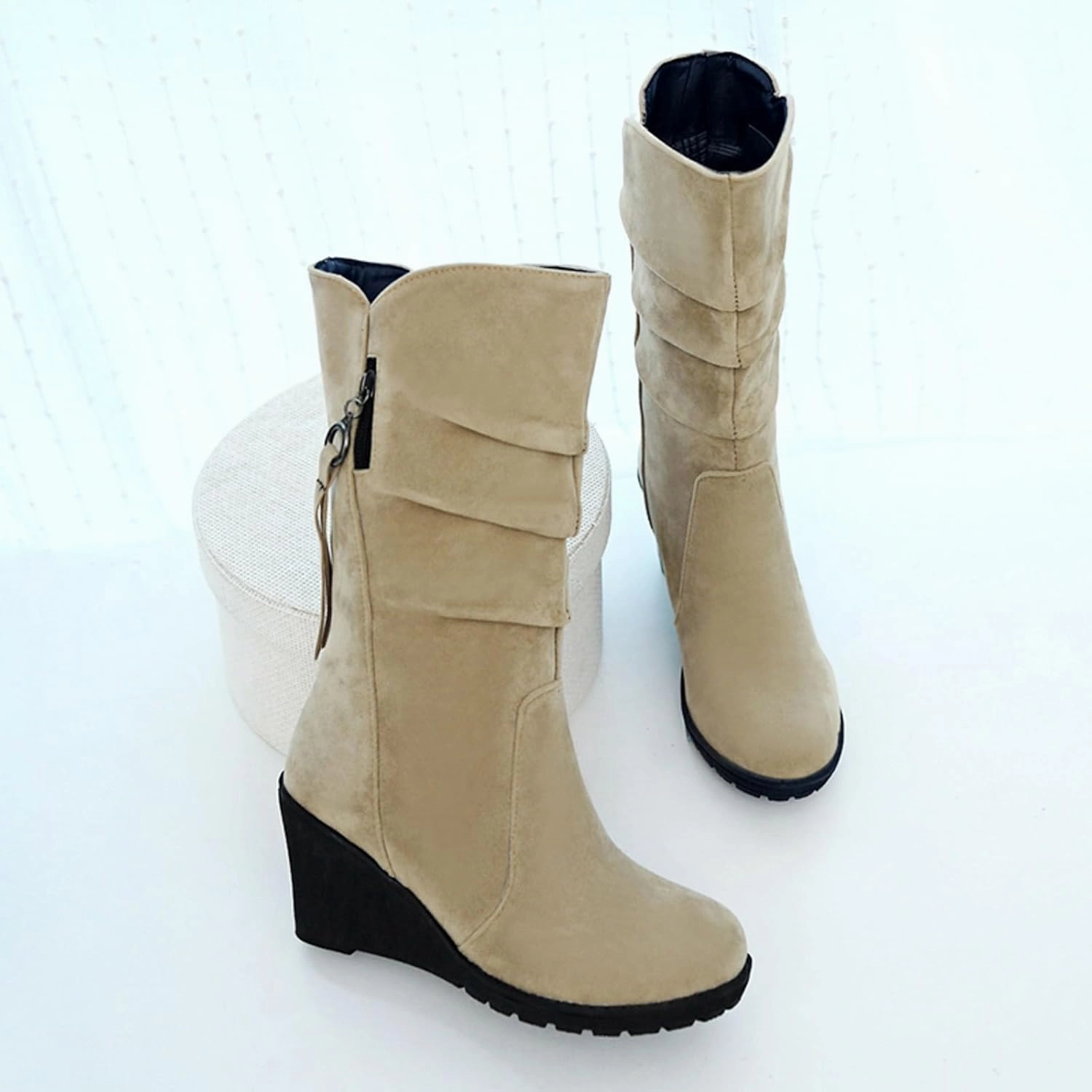 Womens Winter Boots Thigh High Boots for Women Platform Boots Classic Mid Zipper Round Toe Frosted Slope Heel Shoes Breeze Hiking Boots