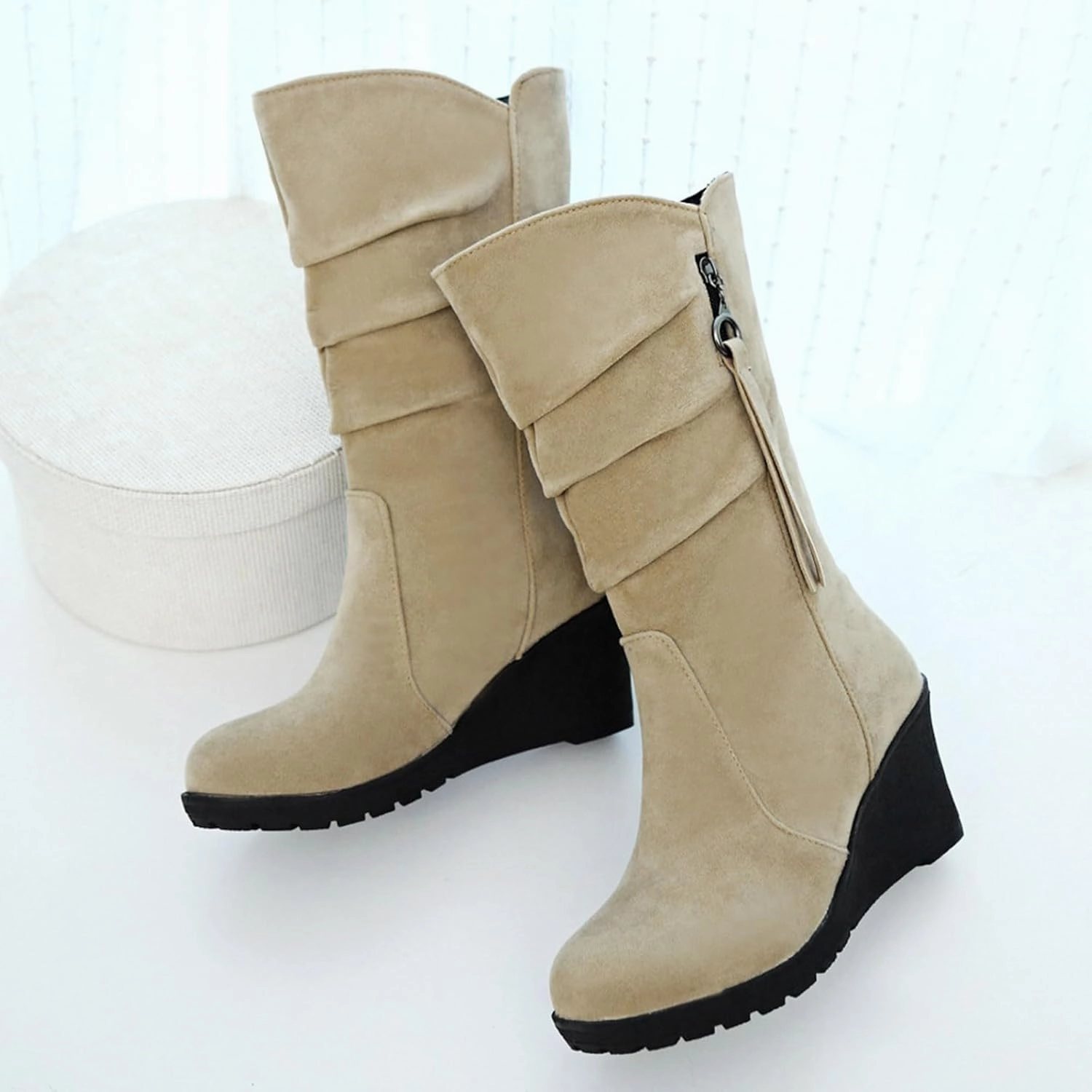 Womens Winter Boots Thigh High Boots for Women Platform Boots Classic Mid Zipper Round Toe Frosted Slope Heel Shoes Cavallo Equine Boots